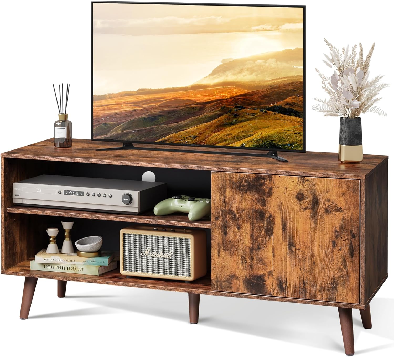 WLIVE Mid-Century Modern TV Stand for 55 TV, Entertainment Center with Storage, Open Shelves TV Console for Living Room and Bedroom, Retro Brown