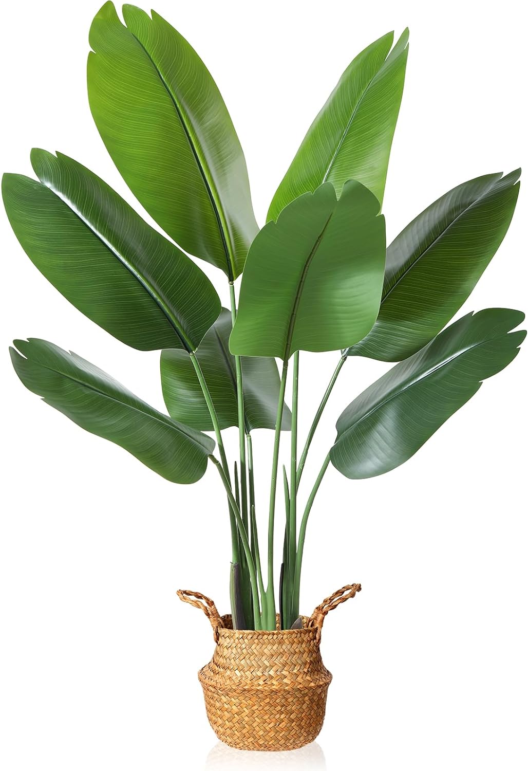 MOSADE 4FT Artificial Bird of Paradise Plant,Tall Fake Tropical Palm Tree with Woven Seagrass Basket, Realistic Faux Tree,8 Detachable Trunks Silk Plants for Modern Home DÃ©cor Indoor Office