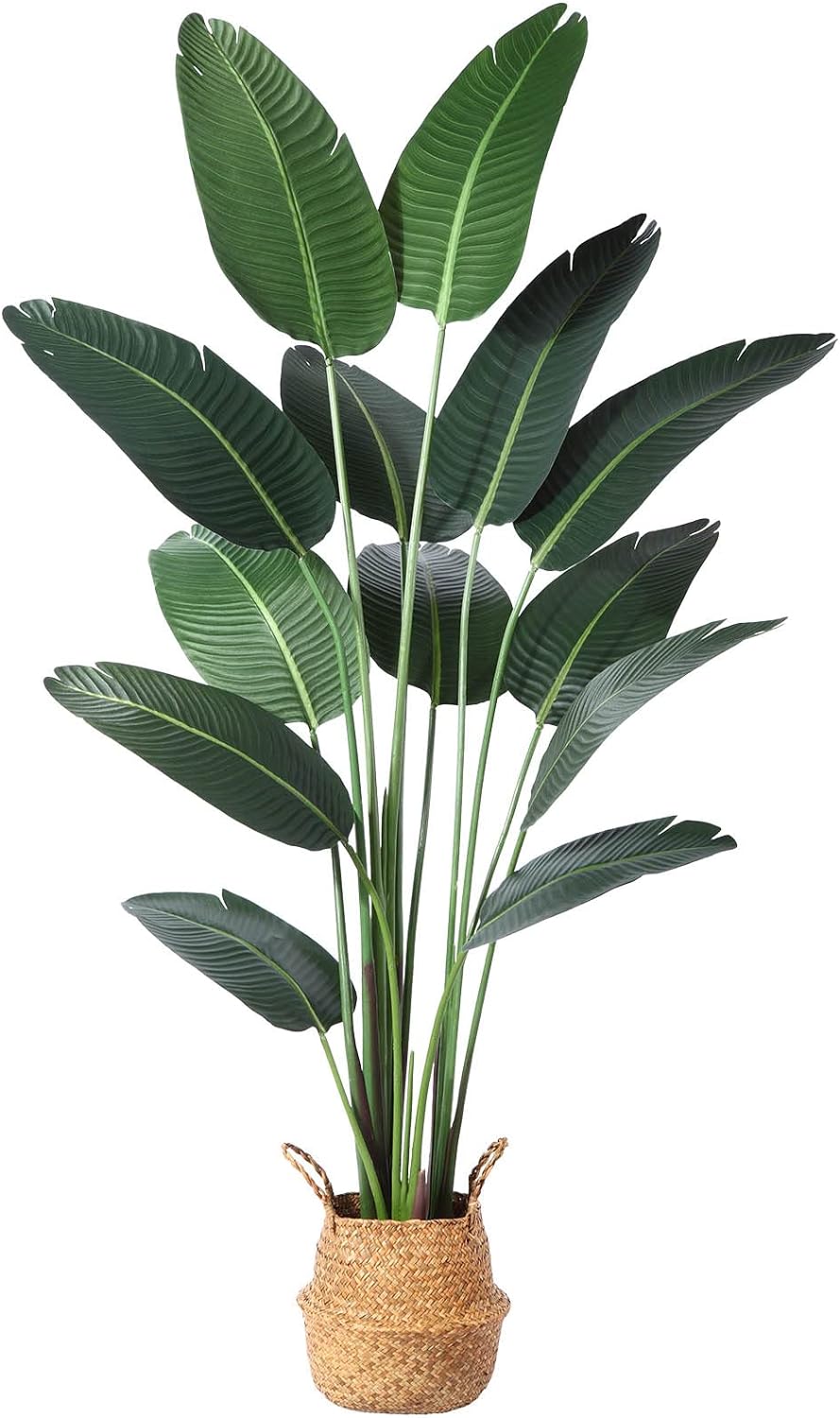 Ferrgoal Artificial Bird of Paradise Plants 6 Ft Fake Tropical Palm Tree with 13 Trunks in Pot and Woven Seagrass Belly Basket Perfect Faux Plant for Home Indoor Outdoor Office Modern Decor Green 1Pc¦