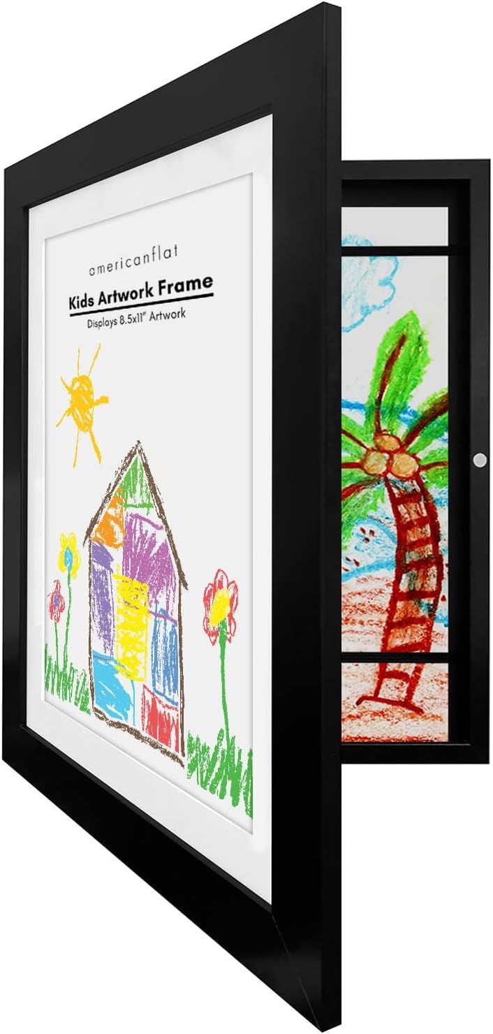 Americanflat Front Loading Kids Art Frame in Black - 8.5x11 Picture Frame with Mat and 10x12.5 Without Mat - Kids Artwork Frames Changeable Display - Frames for Kids Artwork Holds 100 Pieces