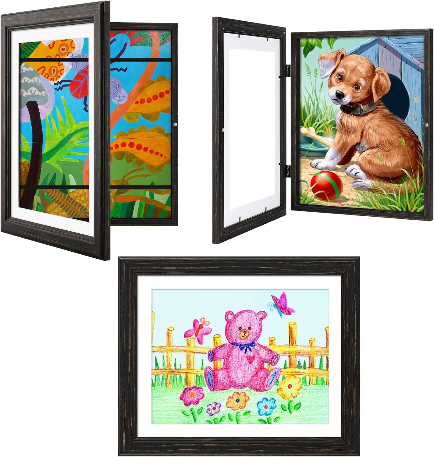 Kids Art Frames - Retro Black, 8.5x11 With Mat and 10x12.5 Without, Holds 50 Crafts, Drawings, Artwork - Children' Storage Frames, Set of 3