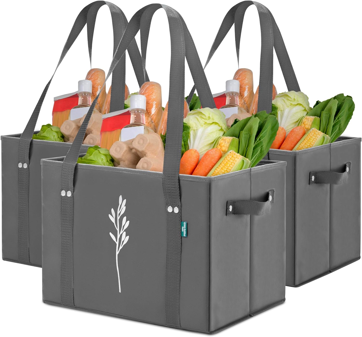 Green Bulldog Reusable Grocery Bags - Heavy Duty, Foldable, Space Saving Tote Shopping Bags - Box Bag w/Straps And Handles (Set of 3) - Gray