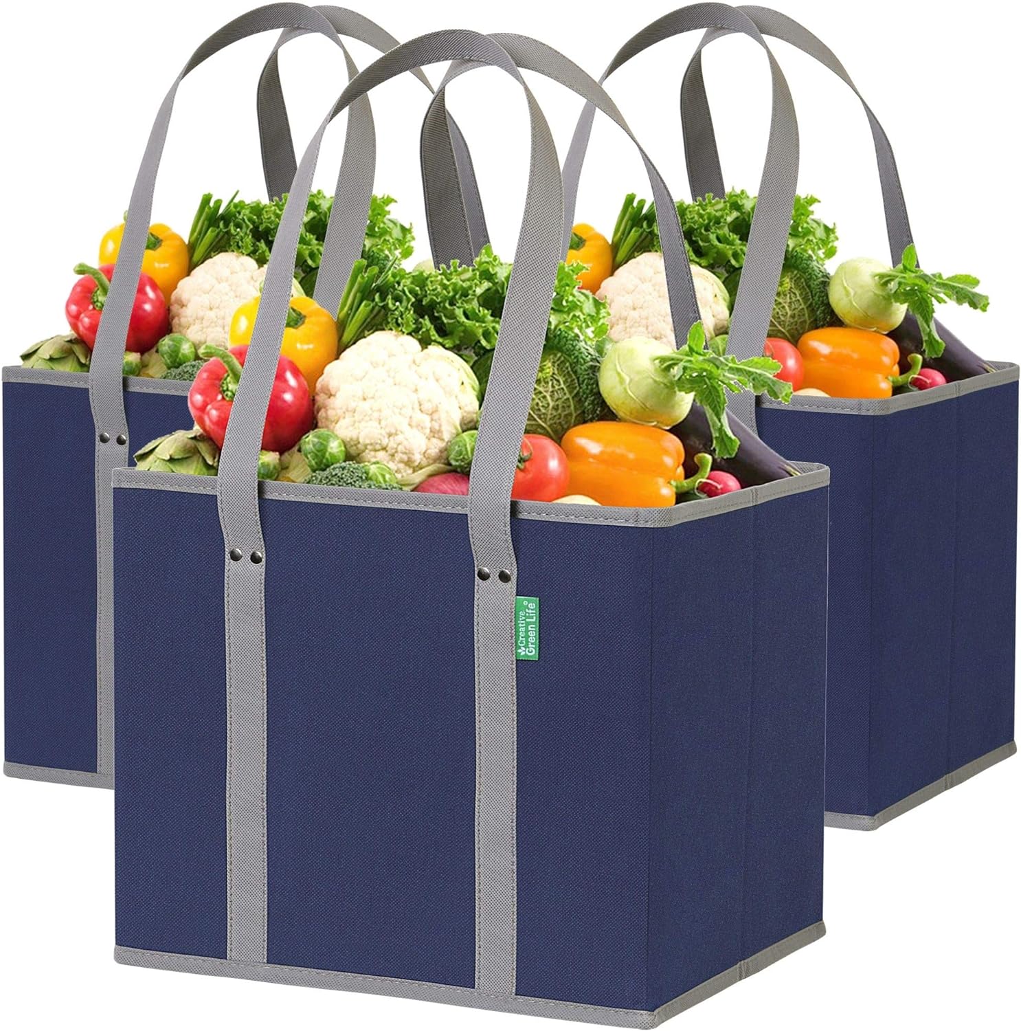 Reusable Grocery Bags (3 Pack)  Heavy Duty Reusable Shopping Bags with Box Shape to Stand Up, Stay Open, Fold Flat  Large Tote Bags are Foldable with Long Handles & Hard Bottom (Navy Blue)