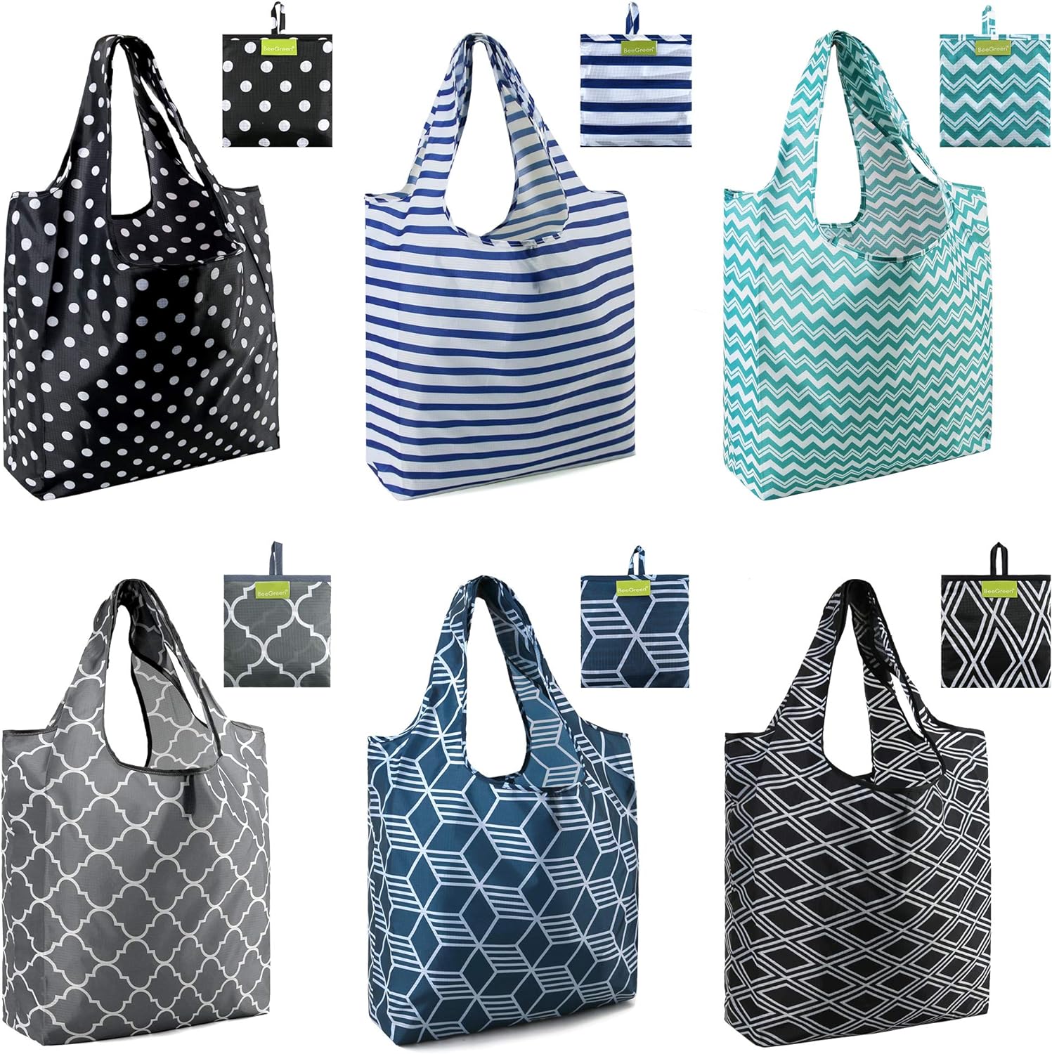 BeeGreen Shopping Bags Reusable Grocery Tote Bags 6 Pack XLarge 50LBS Ripstop Geometric Fashion Machine Washable Nylon Recycling Bags with Pouch Bulk Black Gray Blue Navy Teal Christmas