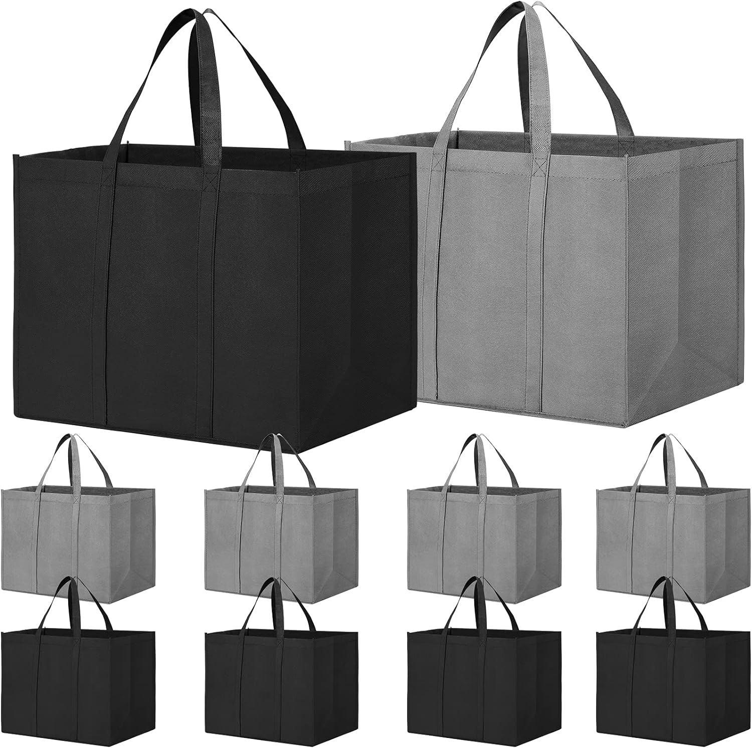 WISELIFE Reusable Grocery Shopping Bags 10 Pack Large Foldable Tote Bags Bulk, Eco Produce Bags with Long Handle for Shopping Groceries Clothes (Grey&Black)