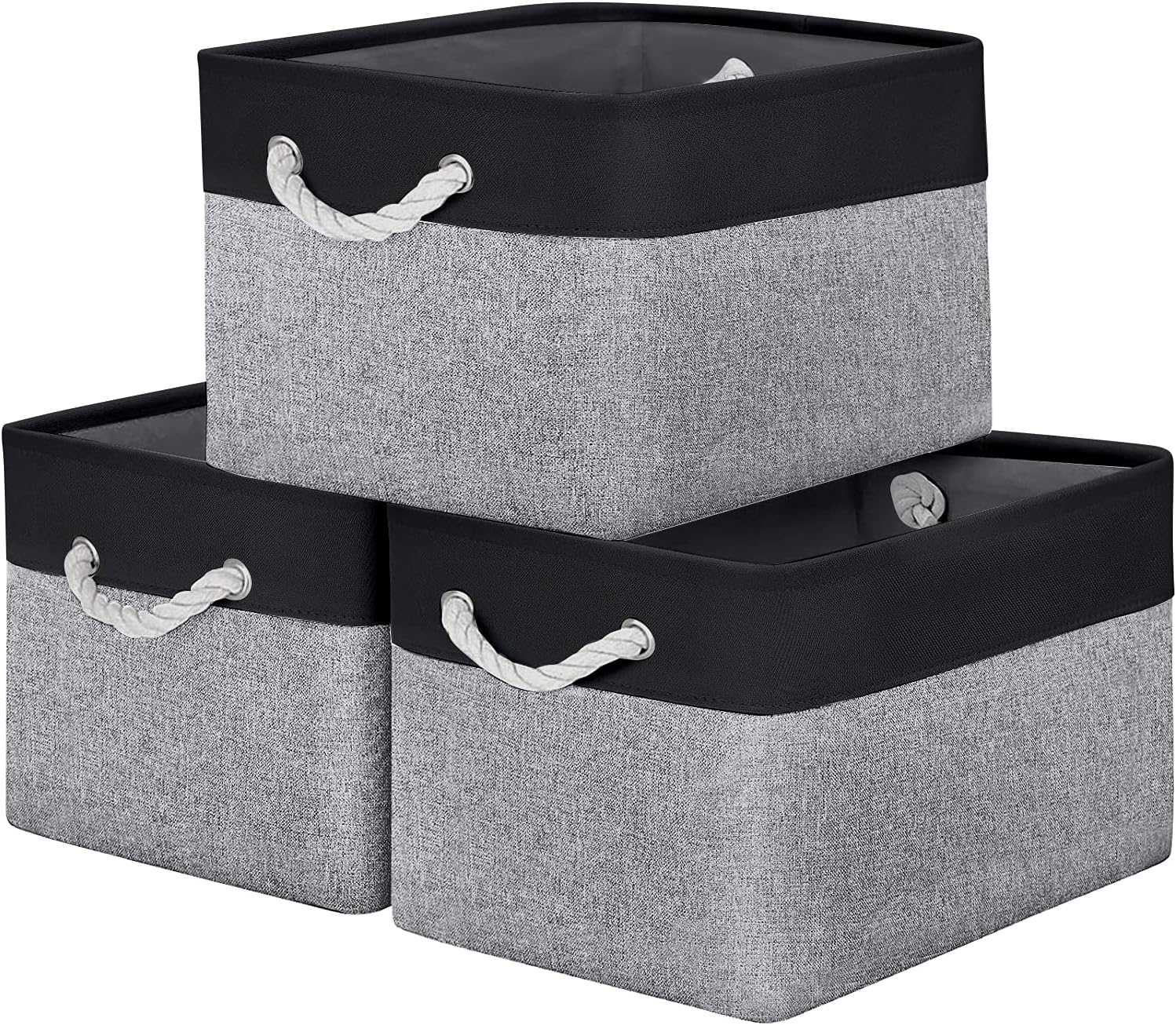 WISELIFE Baskets for Organizing [3-Pack] Collapsible Canvas Storage Bins for Toys Shoes Decorative Storage Bins for Organizing with Handles(Grey-Black Patchwork,15 Lx11 Wx9.5 H)