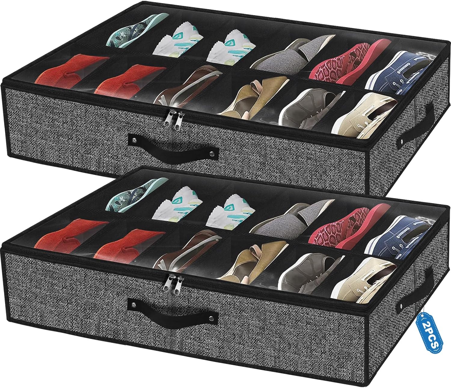 Underbed Shoe Storage Organizer - Fits 24 Pairs, Sturdy Box with Clear Cover, 29 x 24 x 6 inches, Linen Black, Set of 2