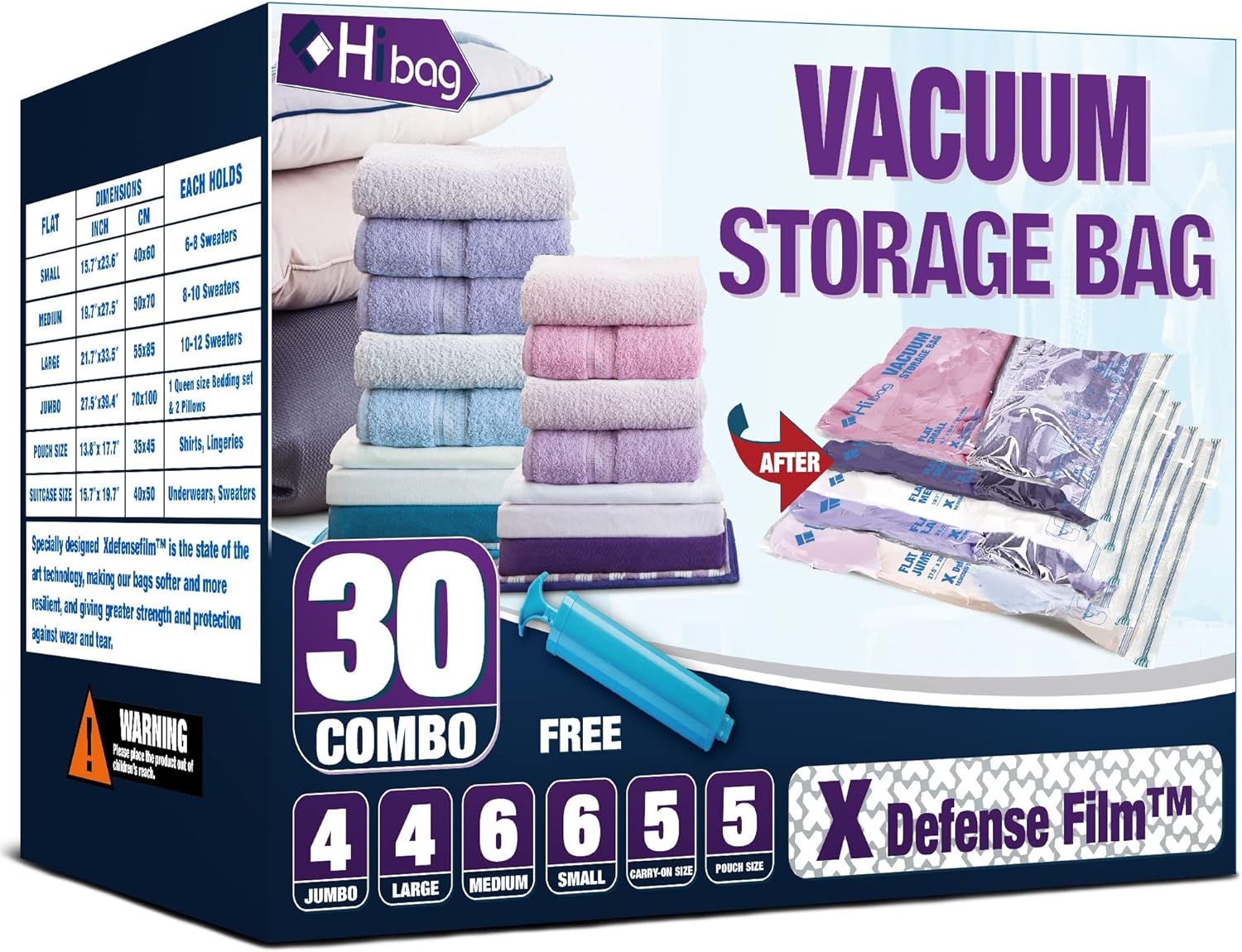 HIBAG Vacuum Storage Bags, 30-Pack Space Saver Vacuum Storage Bags, Vacuum Seal Bags for Clothing, Clothes, Comforters and Blankets (30C)