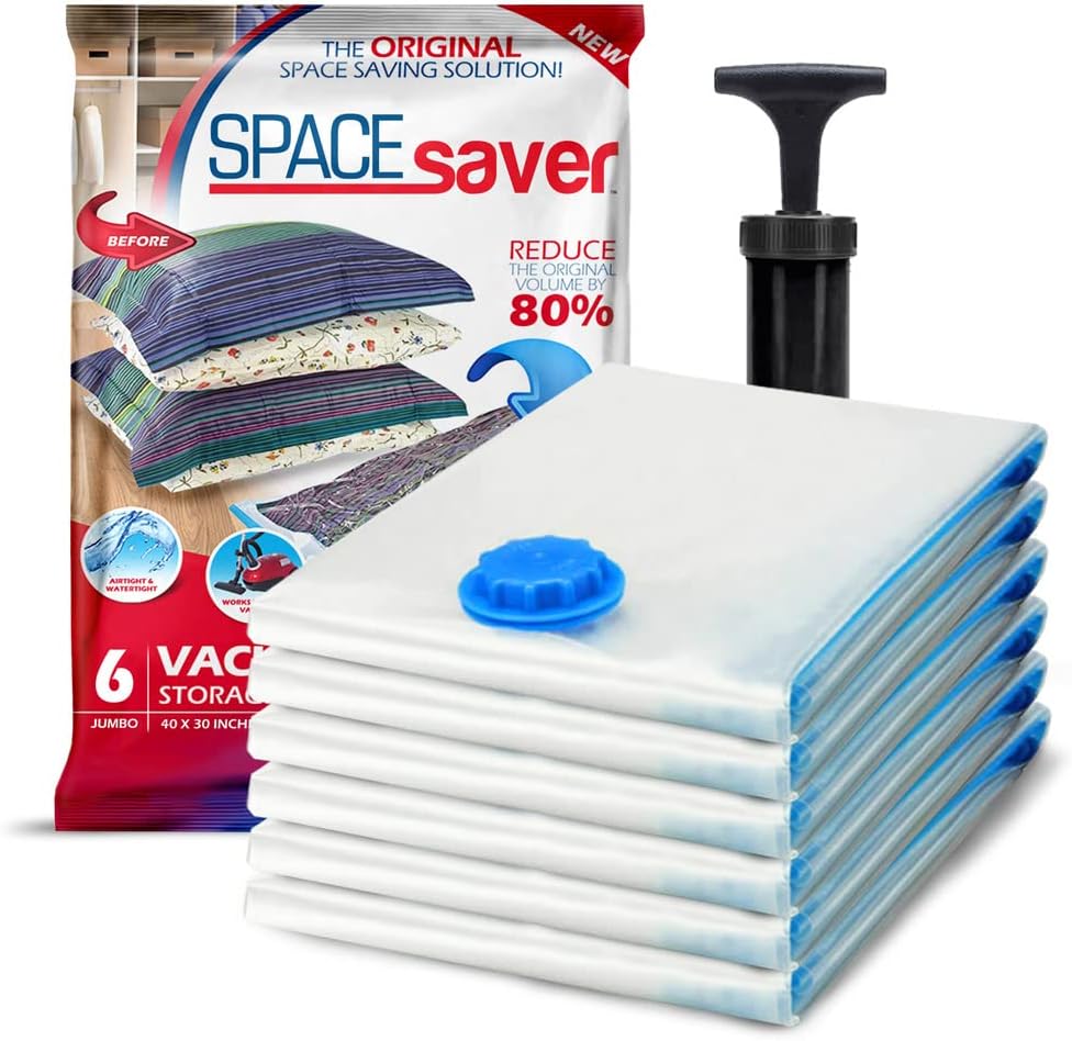 Spacesaver' Space Bags Vacuum Storage Bags (Jumbo Vacuum Storage Bags 6-Pk) Save 80% Space - Vacuum Bags for Comforters and Blankets, Bedding, Compression Seal for Closet Storage - Pump for Travel