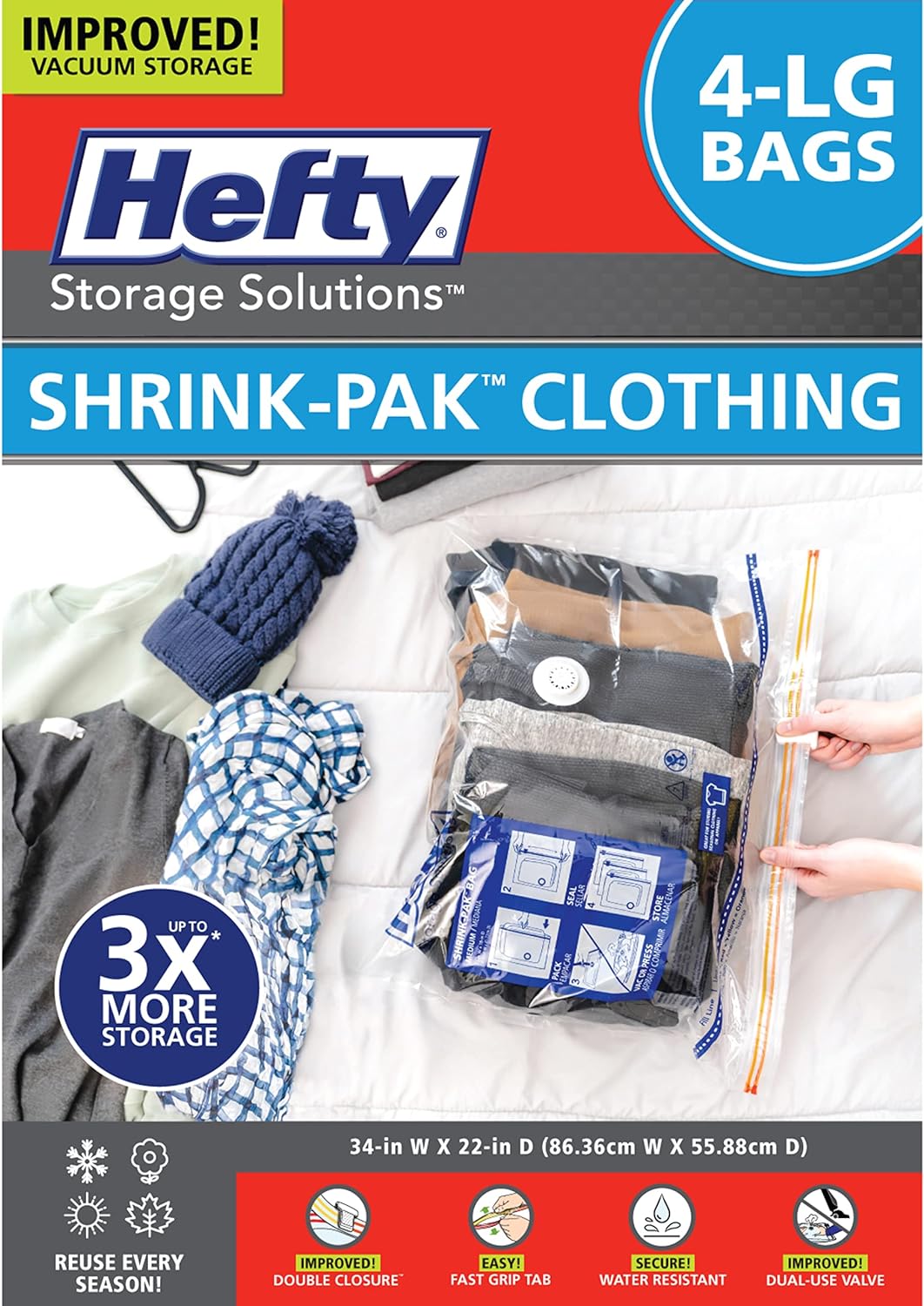 Hefty Shrink-Pak - 4 Large Vacuum Storage Bags for Storage for Clothes, Pillows, Towels, or Blankets - Space Saver Vacuum Sealer Bags Ideal Under Bed Storage Solutions