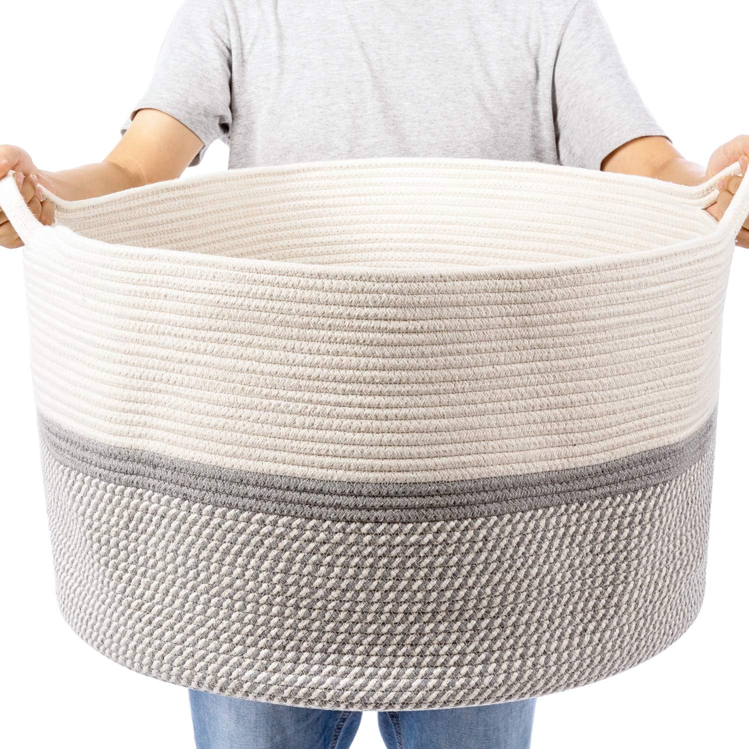 CHICVITA XXL Extra Large Cotton Rope Woven Basket, Throw Blanket Storage Basket with Handles, Decorative Clothes Hamper - 22 x 22 x 14 Gray