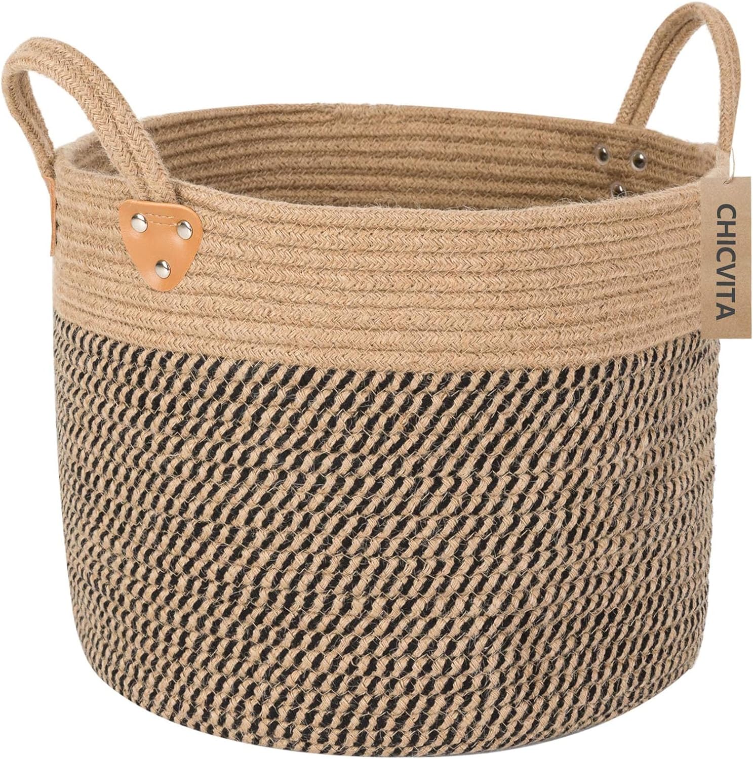 CHICVITA Jute Woven Wicker Floor Storage Basket With Handles, Boho Decorative Basket For Blanket, Toy, Shoe, Firewood, Farmhouse Plant Basket for Living Room, 14 X 14 X 12