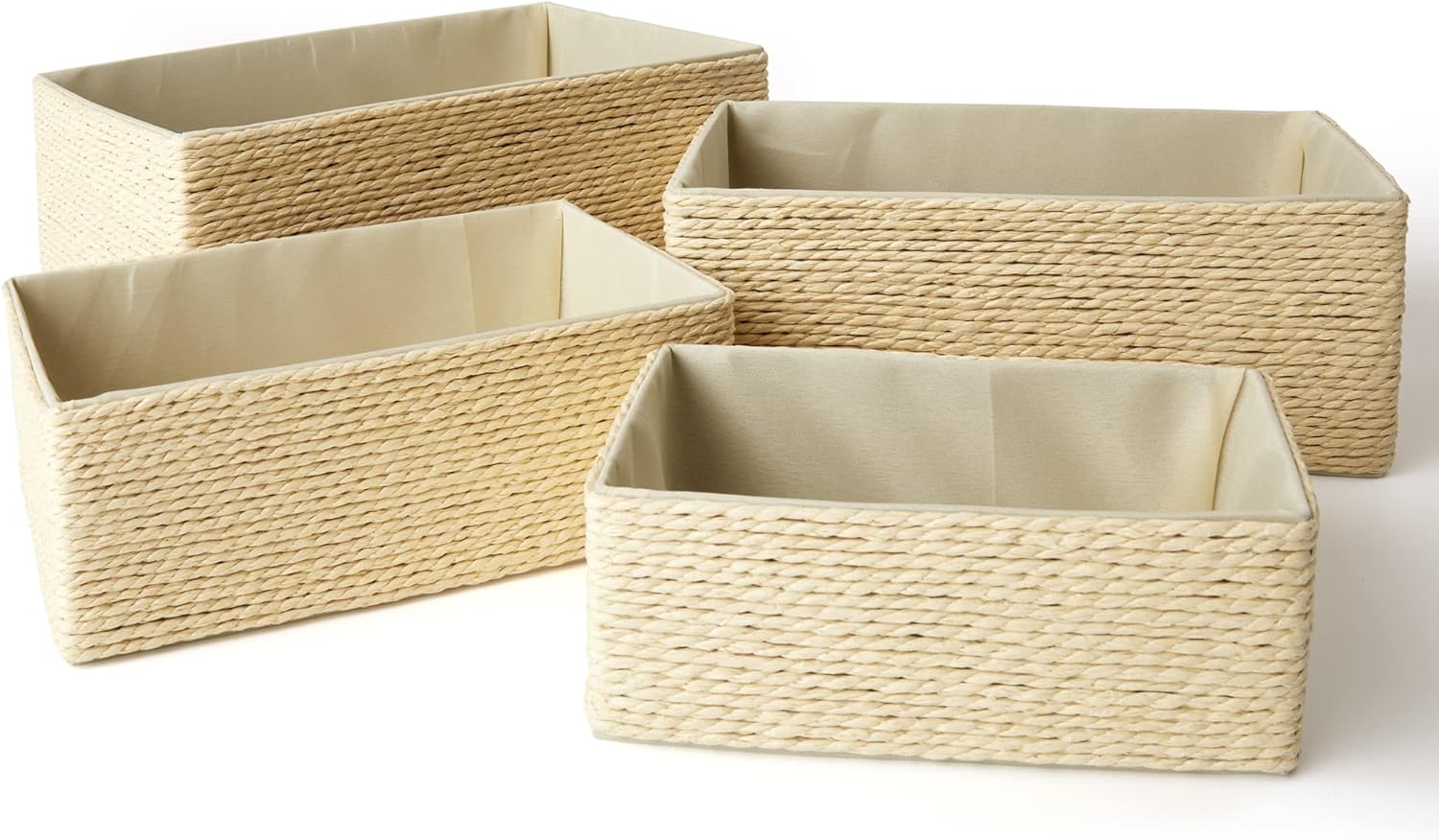 Storage Baskets Set 4 - Stackable Woven Basket Paper Rope Bin, Storage Boxes for Makeup Closet Bathroom Bedroom (Beige)