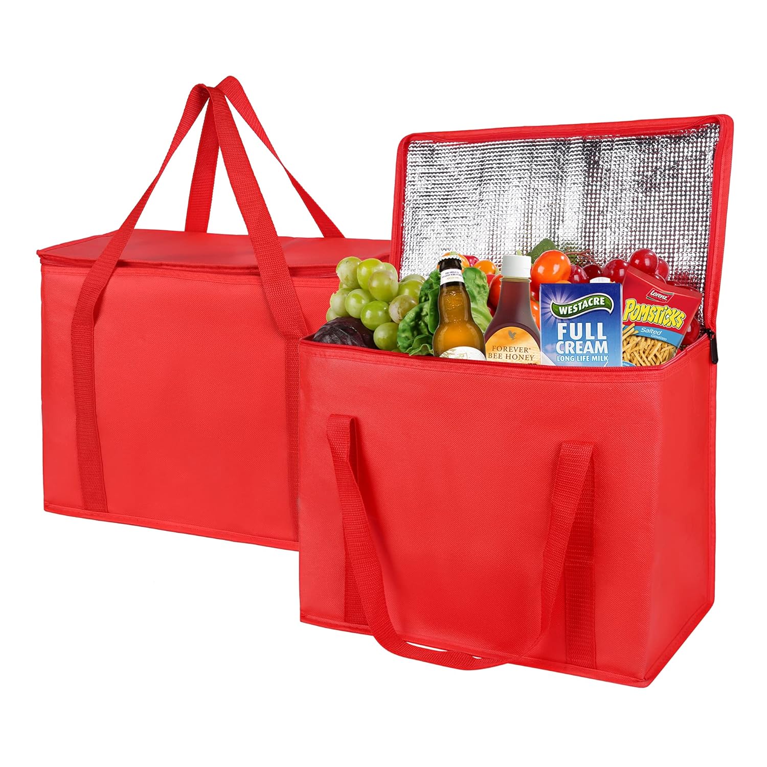 2-Pack XL-Large Insulated Grocery Shopping Bags, Red, Reusable, Heavy Duty, Zipped Zipper,Collapsible,Tote,Cooler,Groceries,for car,Recycled Material Warm Foldable Bag