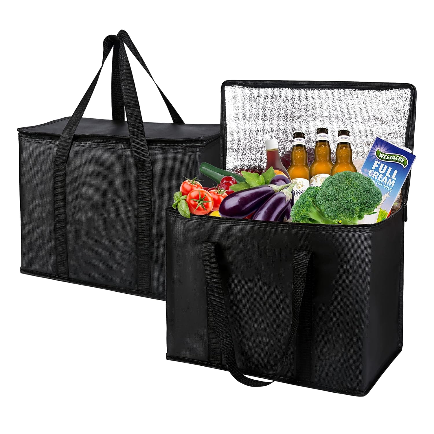 musbus 2-Pack, XL-Large Insulated Grocery shopping bags, Black, reusable bag,thermal zipper,Collapsible,tote,cooler,food transport hot and cold,camping,Recycled Material delivery groceries