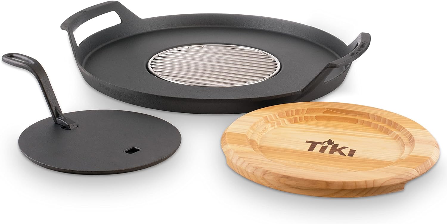 TIKI Brand Fire Pit Griddle, Cast Iron & Grill Combo, Griddle for Cooking on Fire Pits, Fits with most 16