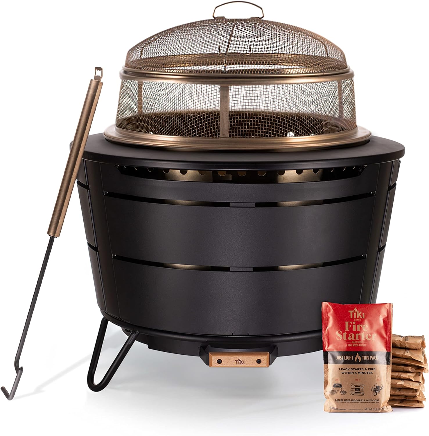 TIKI Brand Reunion Smokeless Fire Pit with Screen and Poker and 10-Pack Fire Starters Bundle