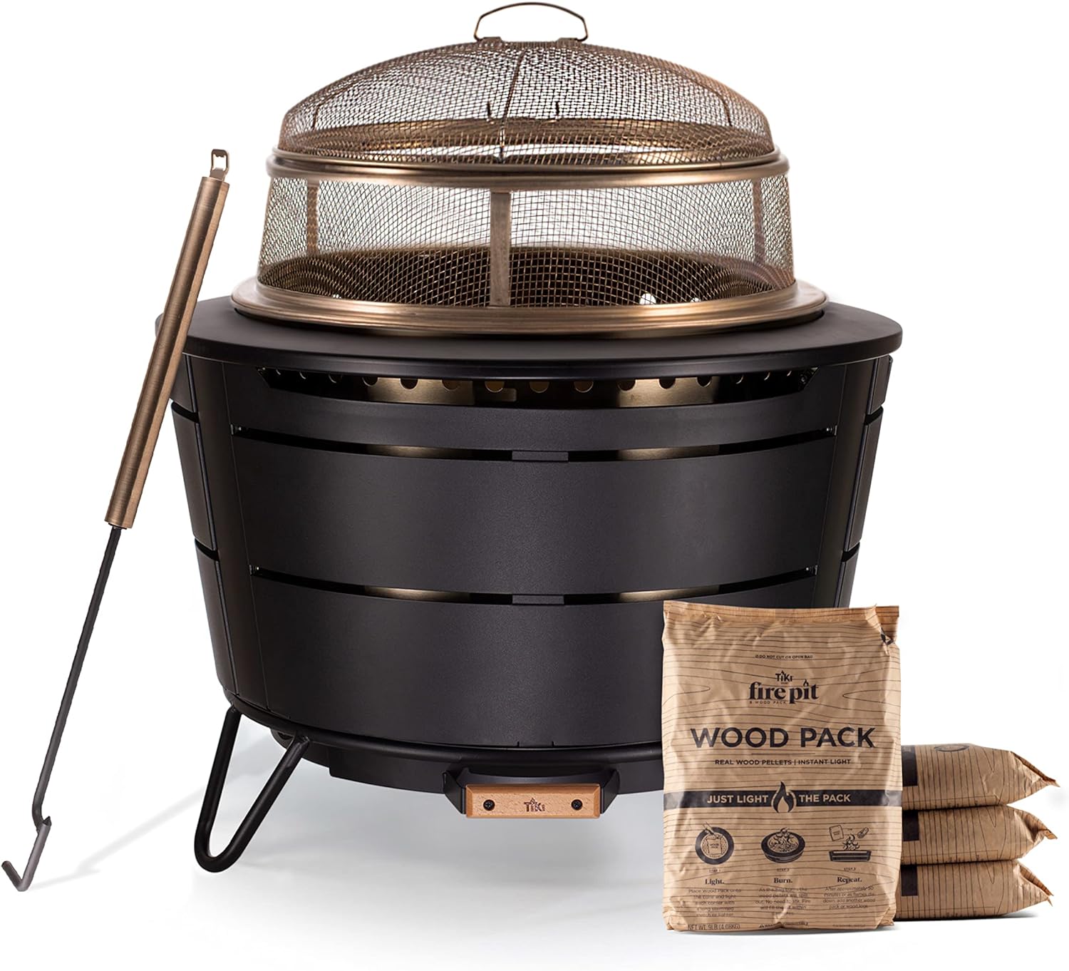 TIKI Brand Reunion Smokeless Fire Pit with Screen and Poker and Wood Pack Bundle