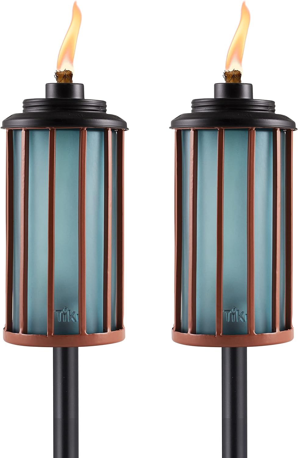 TIKI Brand 2-Pack Retro Stripe Glass Easy Install Tiki Torch, Outdoor Decorative Lighting for Lawn Patio Backyard, 65 Inch, Blue and Copper, 1122119