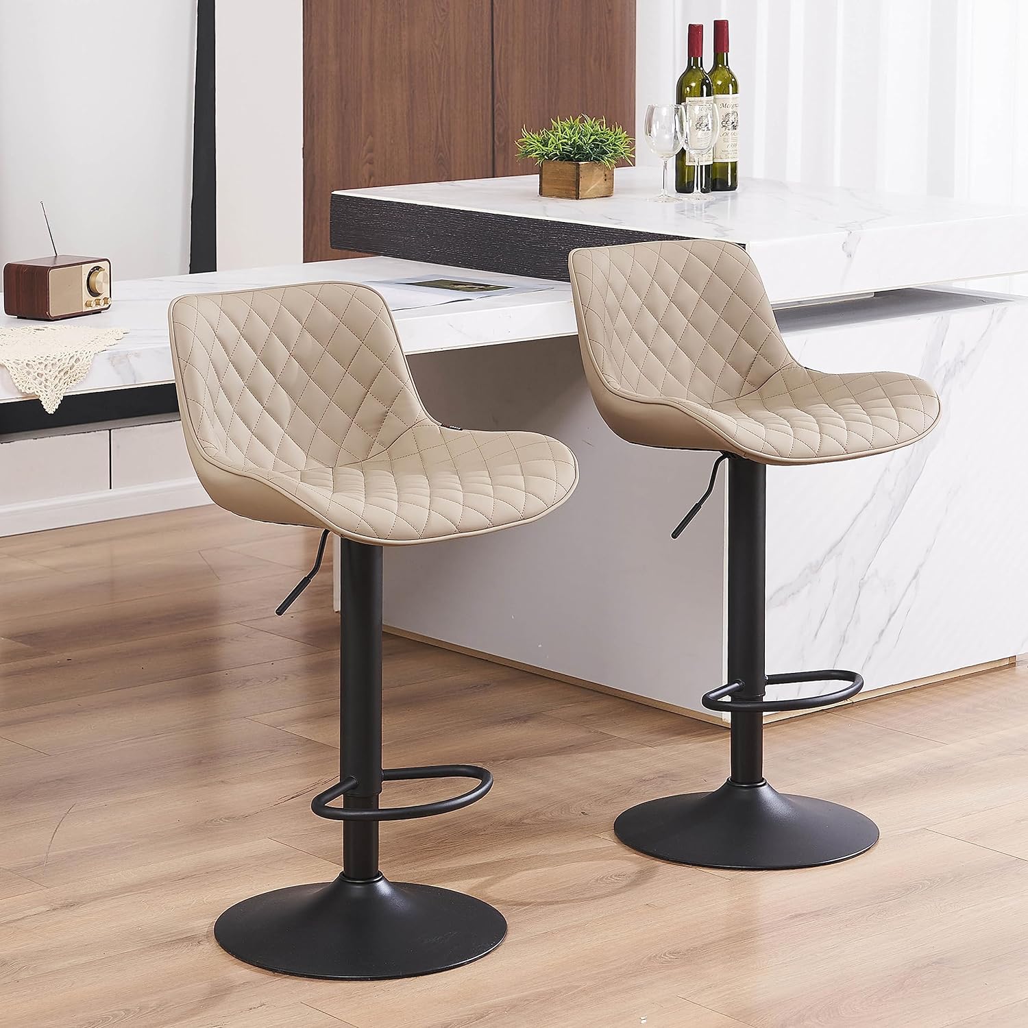 YOUTASTE Khaki Bar Stools Set of 2 Adjustable Counter Height Barstools Faux Leather Bar Stool with Back,Swivel Modern Metal Diamond Bar Chairs Home Kitchen Island Restuarant