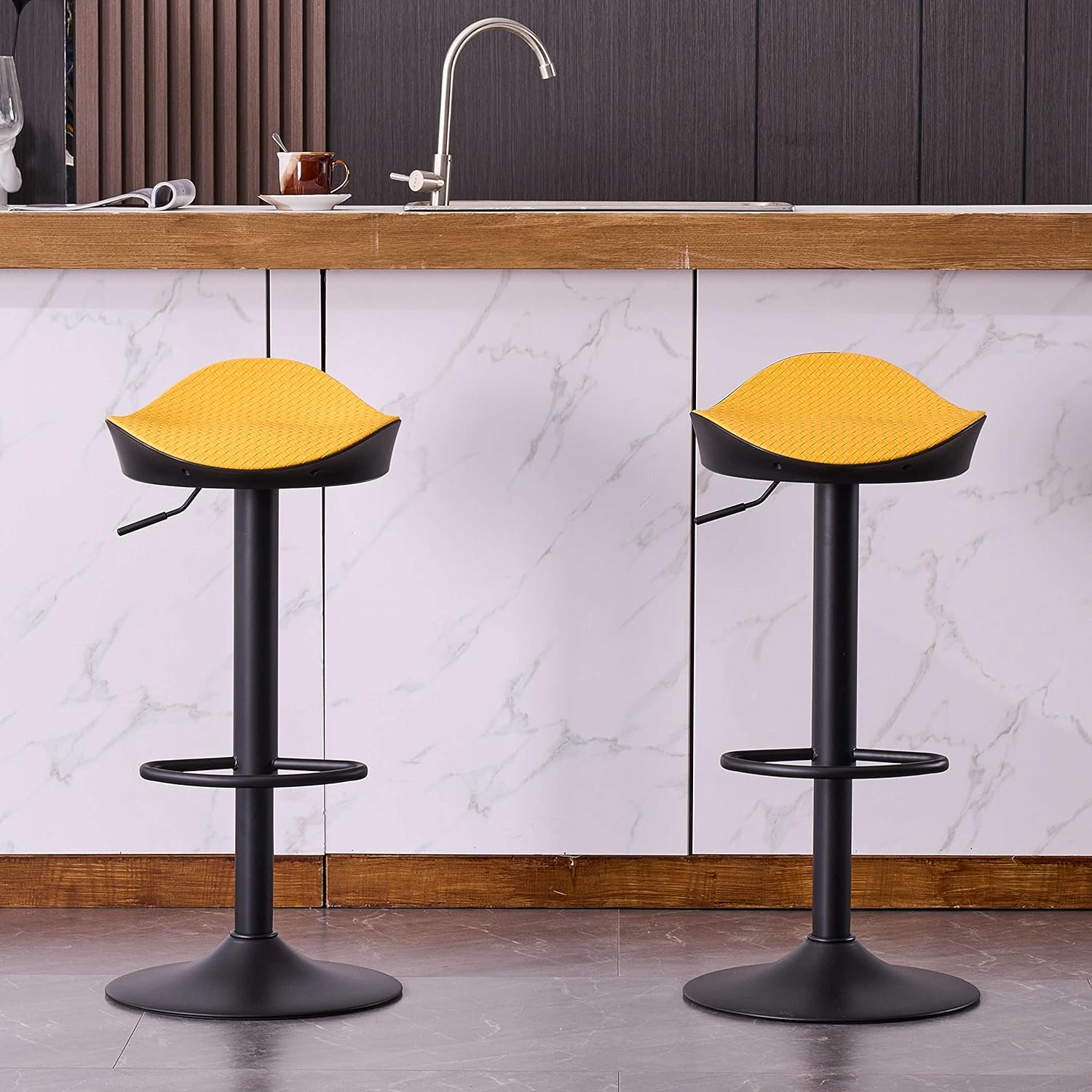 YOUTASTE Yellow Bar Stools Set of 2 Backless Counter Height Barstools Adjustable Modern Swivel Saddle Seat Braided Bar Chairs for Home Kitchen Island