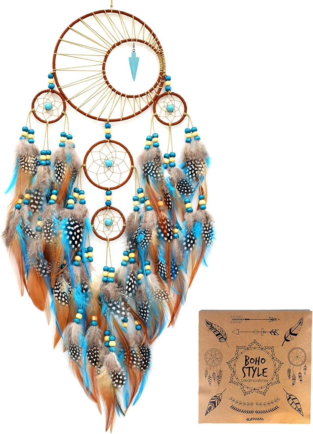 Urdeoms Large Dream Catchers for Girls Room Decor Boho Moon Dream Catcher Wall Decor Turquoise Hanging Ornament for Living Room Dorm Decor Hippie Gifts (NO.34)