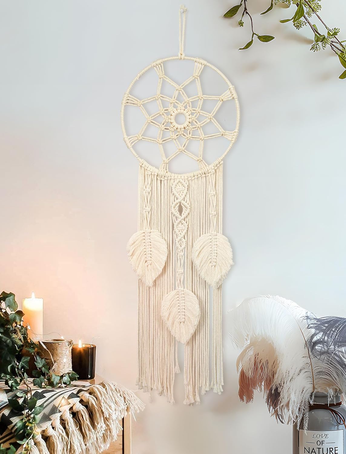 Nice Dream Dream Catchers for Bedroom Adults Boho Wall Decor Large Dream Catcher Macrame Wall Hanging with 3 Woven Leaves Tassels Home Decoration