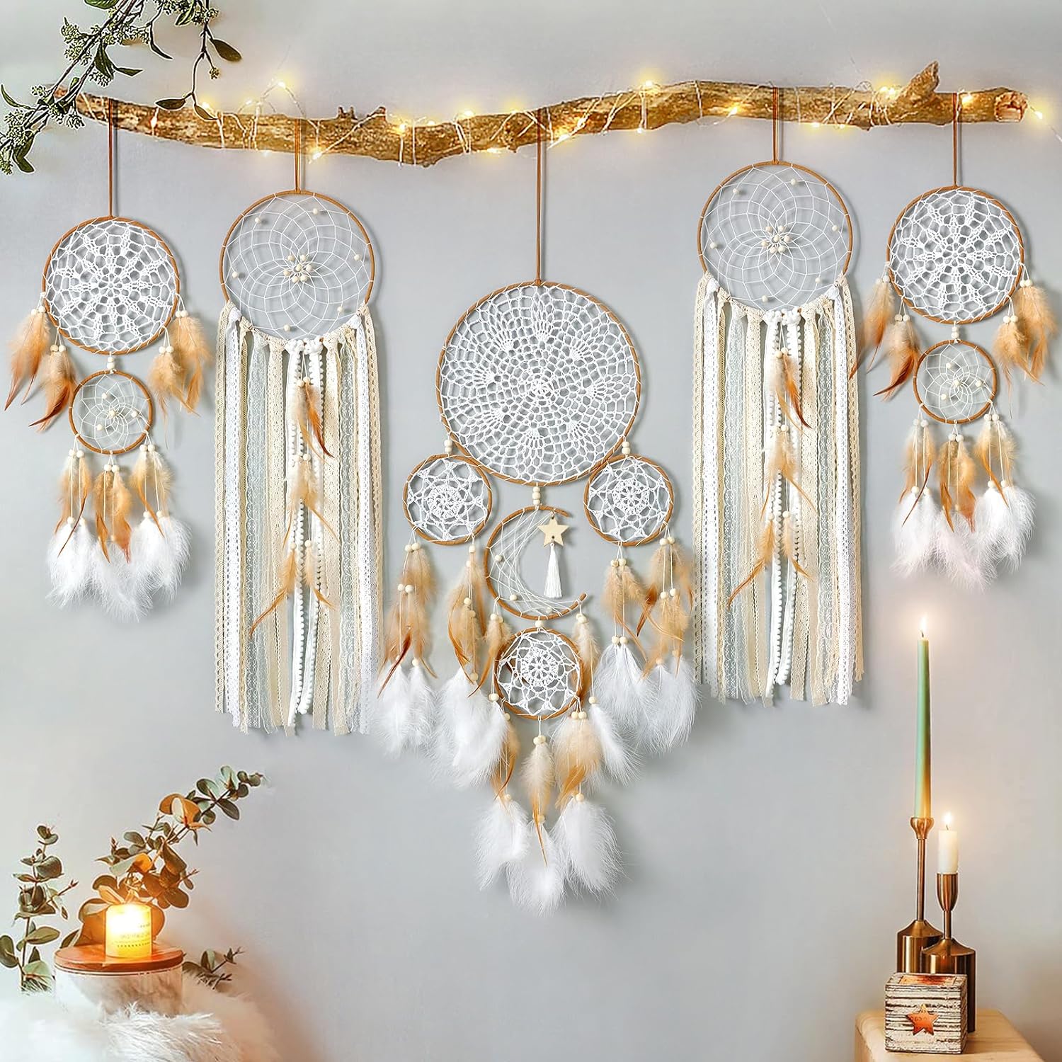 LOMOHOO 5 Pack Dream Catcher Moon and Sun Design Boho Wall Hanging Decor Handmade Traditional Feathers Dream Catchers for Kids Bedroom Living Home Decoration(Brown)