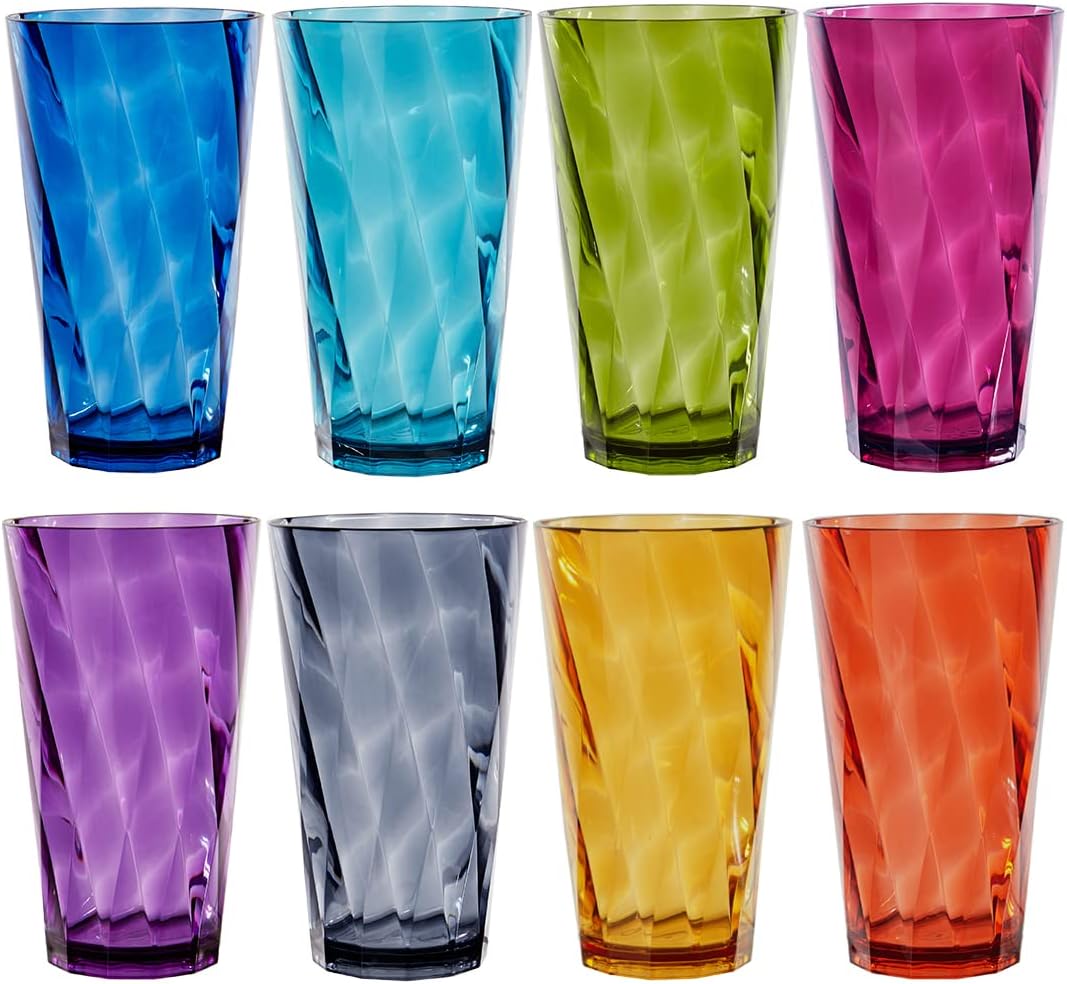 US Acrylic Optix Plastic Reusable Drinking Glasses (Set of 8) 20oz Water Cups in Jewel Tone Colors | BPA-Free Tumblers, Made in USA | Top-Rack Dishwasher Safe