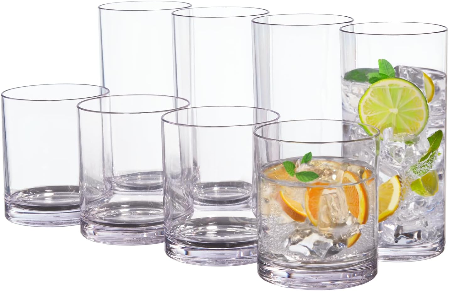 US Acrylic Classic Clear Plastic Reusable Drinking Glasses (Set of 8) 12oz Rocks & 16oz Water Cups | BPA-Free Tumblers, Made in USA | Top-Rack Dishwasher Safe