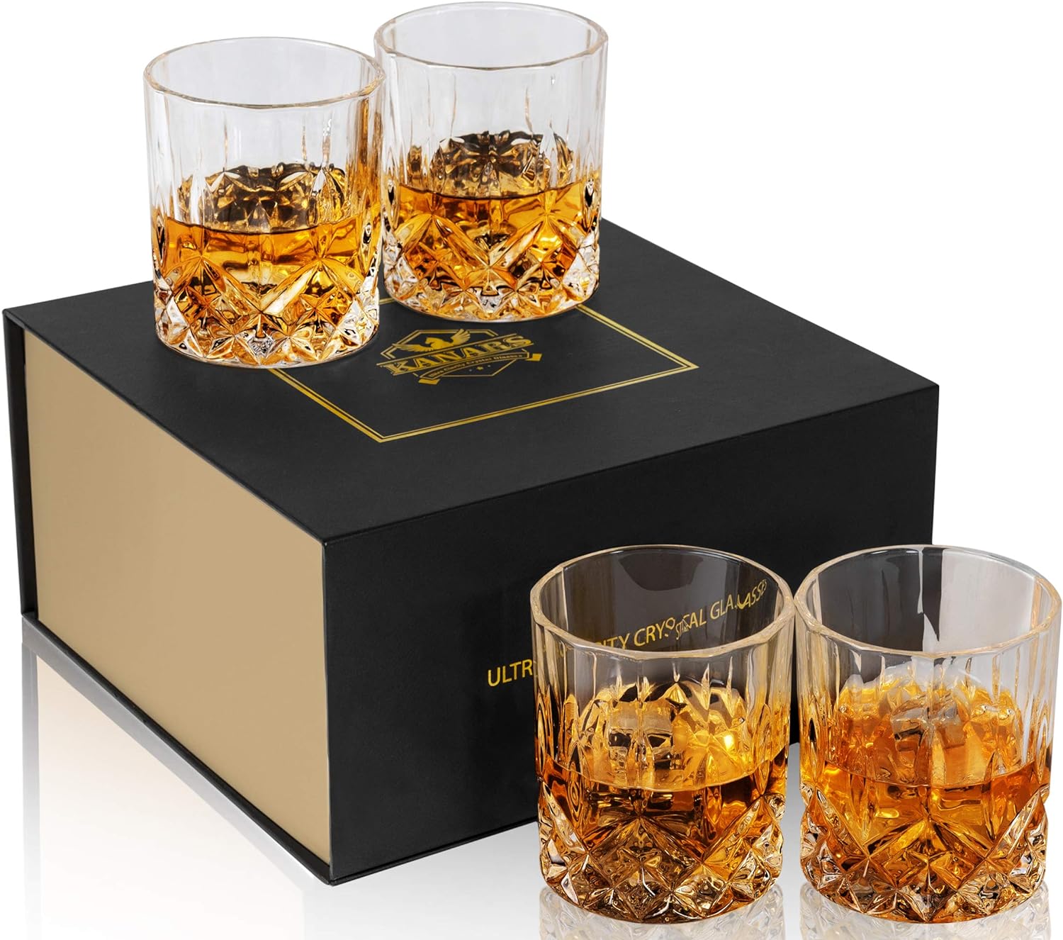 KANARS Old Fashioned Whiskey Glasses with Luxury Box - 10 Oz Rocks Barware For Scotch, Bourbon, Liquor and Cocktail Drinks - Set of 4 - Men Gift