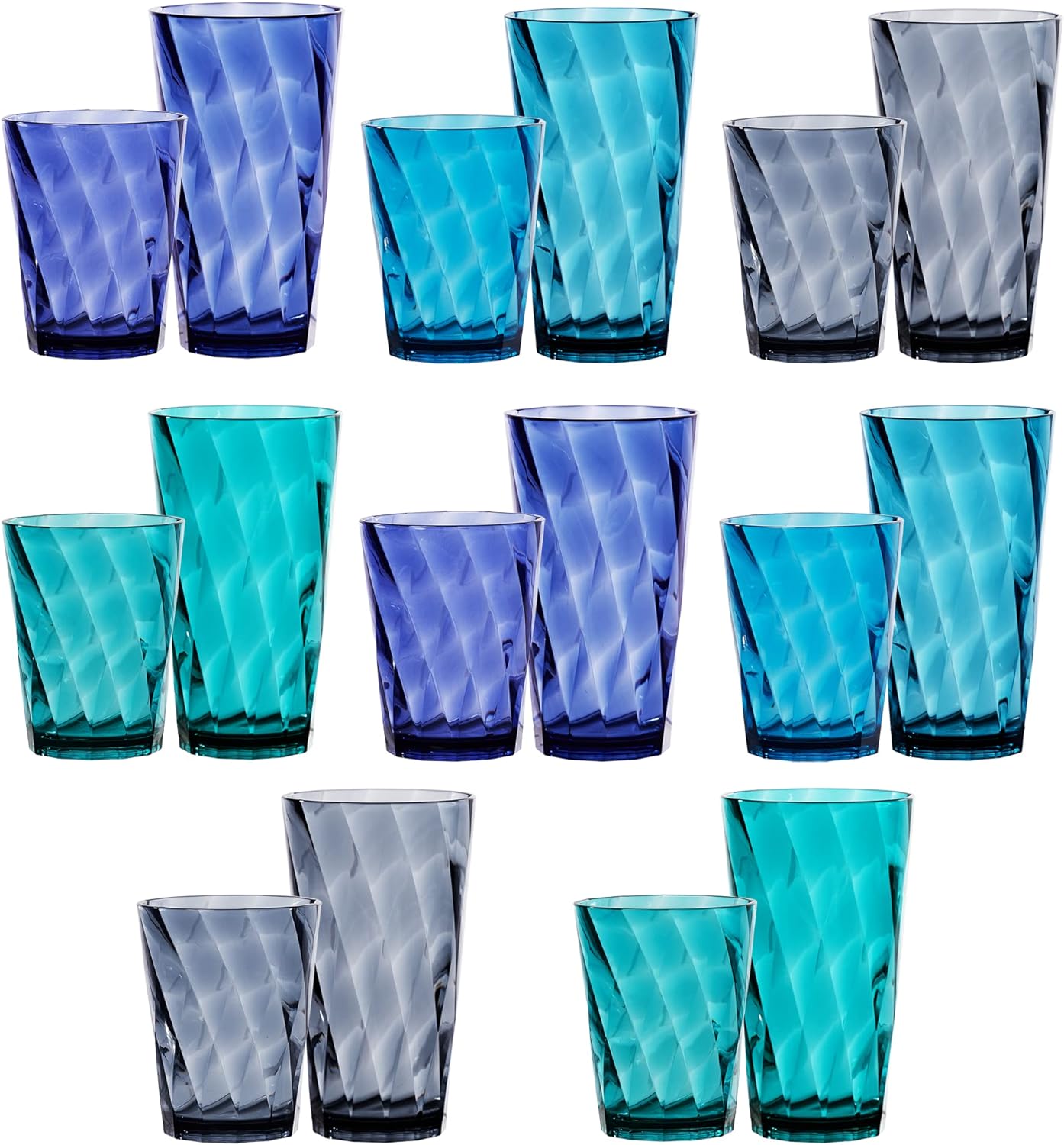 US Acrylic Optix Plastic Reusable Drinking Glasses (Set of 16) 14oz Rocks & 20oz Water Cups in Coastal Colors | BPA-Free Tumblers, Made in USA | Top-Rack Dishwasher Safe