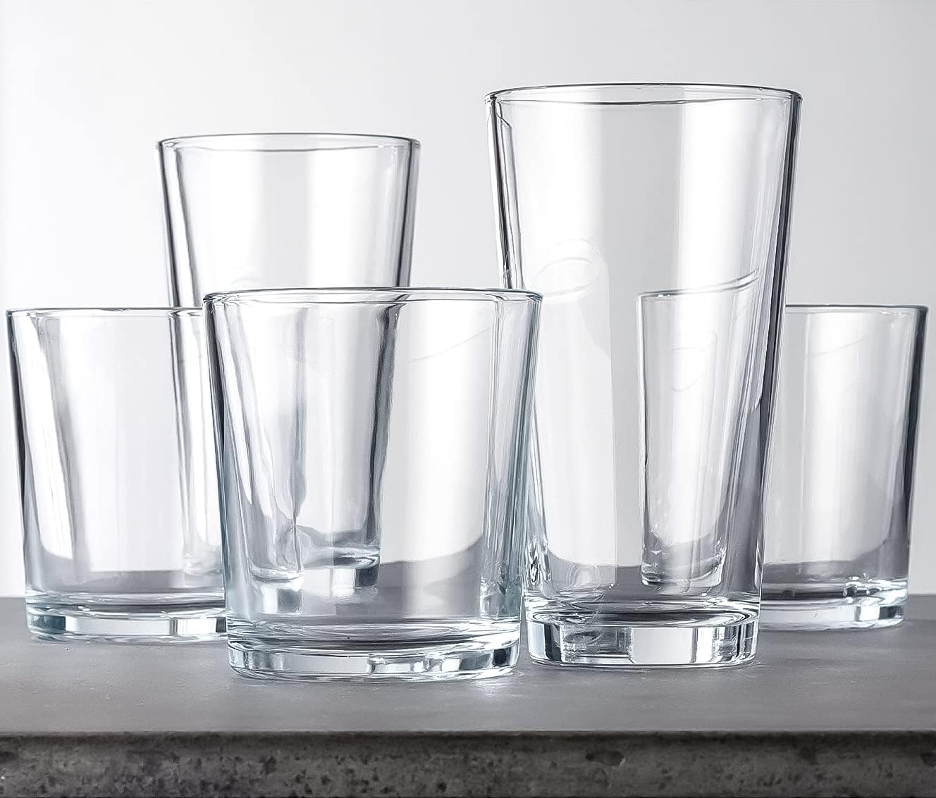 Clear Drinking Glasses Set of 16, Durable Heave Base Glass Cups, 8 Highball Cocktail Glasses, and 8 Rock DOF Whiskey Glasses - Beer Glasses Ideal for Water, Juice, Wine, and Everyday Cocktails