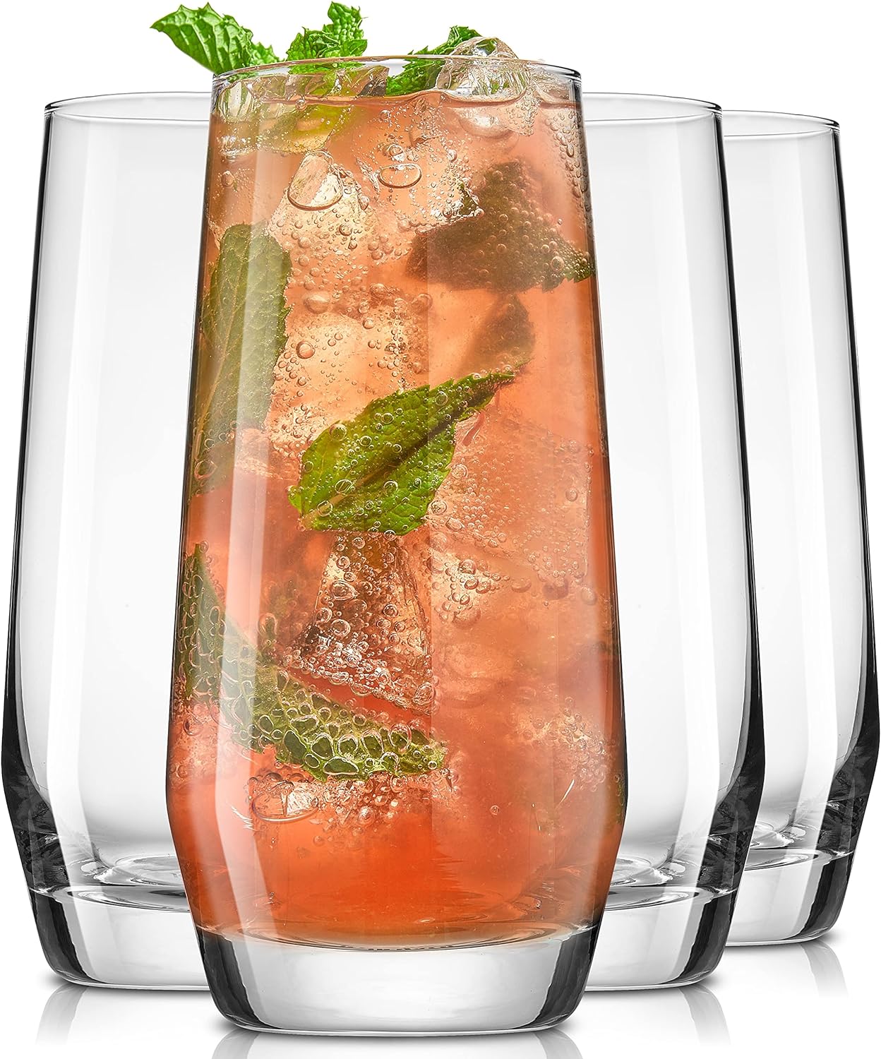 JoyJolt Gwen 18oz Highball Glasses, 4pc Tall Glass Set. Lead-Free Crystal Drinking Glasses for Water, Mojitos, Tom Collins, and Cocktails.