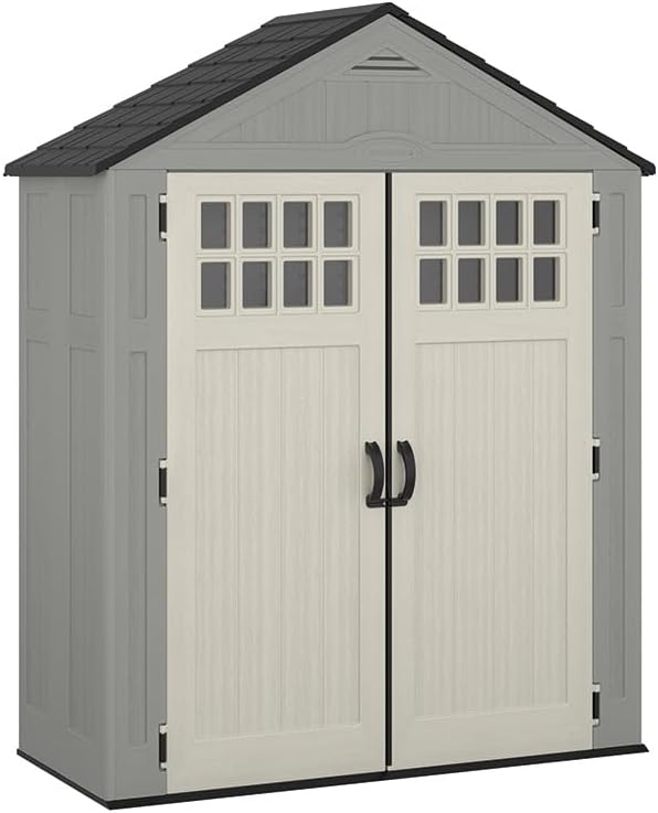 Suncast BMS6312D Everett 6' x 3' Heavy-Duty Resin Outdoor Pad-Lockable Double Doors and Windows All-Weather Shed for Yard Storage, Dove Gray