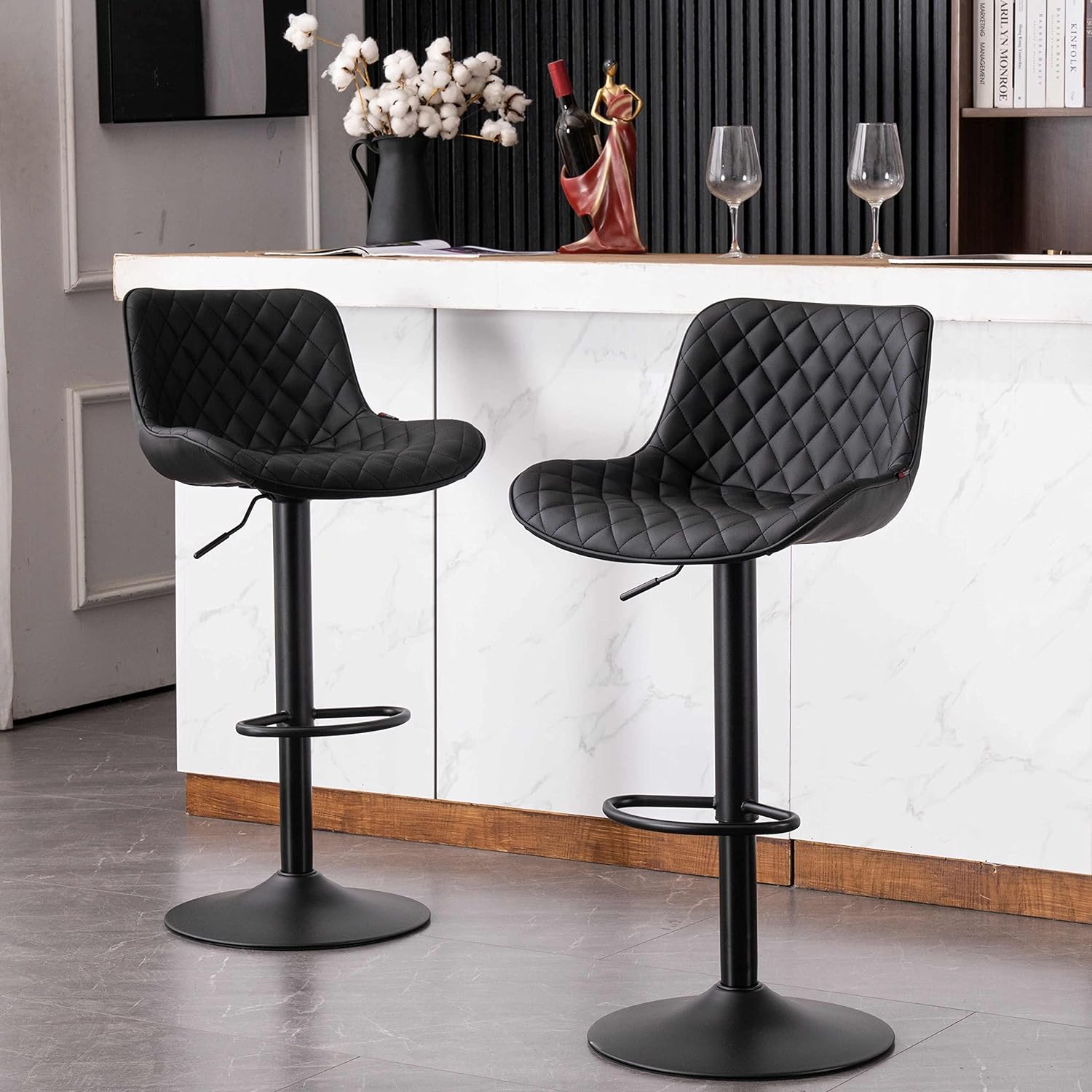 YOUTASTE Black Bar Stools Counter Height Adjustable Bar Stool Set of 2 Faux Leather Padded Barstools Swivel Metal High Back Diamond Bar Chairs for Home Kitchen Island