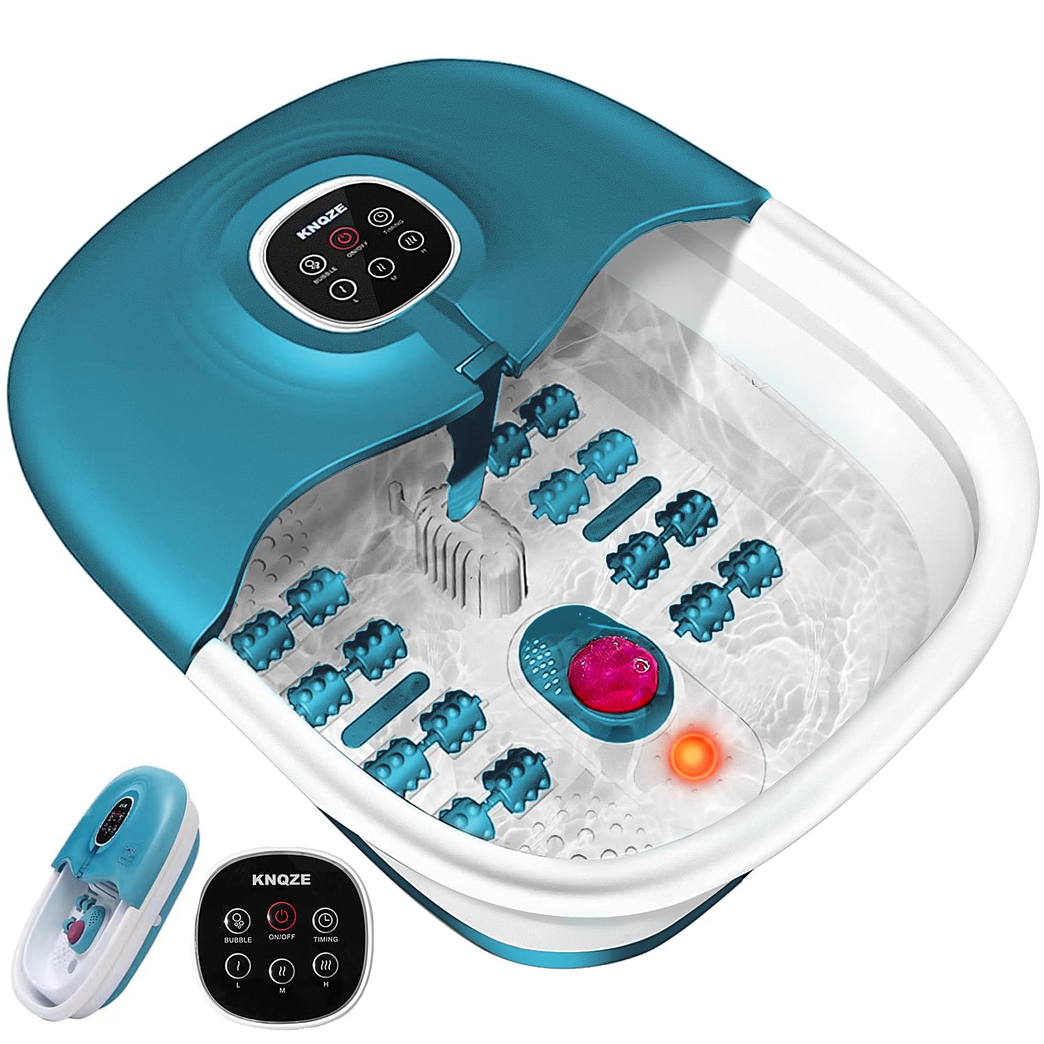 Collapsible Foot Spa Bath with Heat, Remote Control, Temperature Control, Bubbles, Red Light, Pumice Stone, 16 Massage Roller Pedicure Foot Spa Tub Foot Soaker for Soothe & Relax Tired Feet -Blue