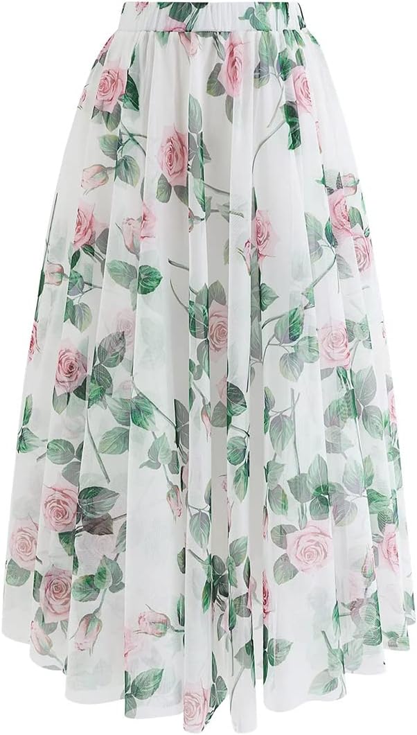 CHICWISH Women' Timeless Rose Mesh Tulle Midi Skirt