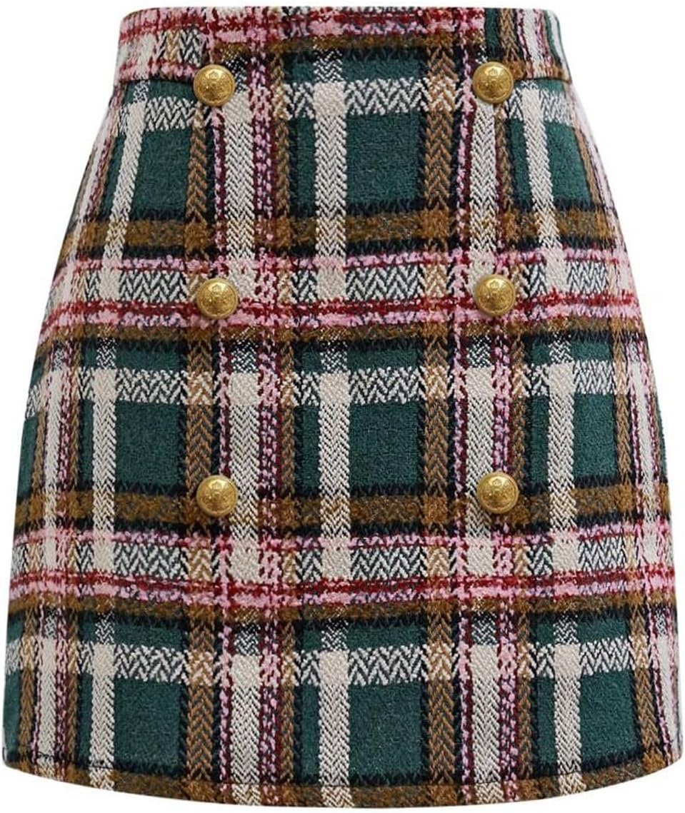 CHICWISH Women Wool Plaid Mini Skirt High Waisted Pencil Skirts Short Tight Bodycon Skirt with Golden Buttons