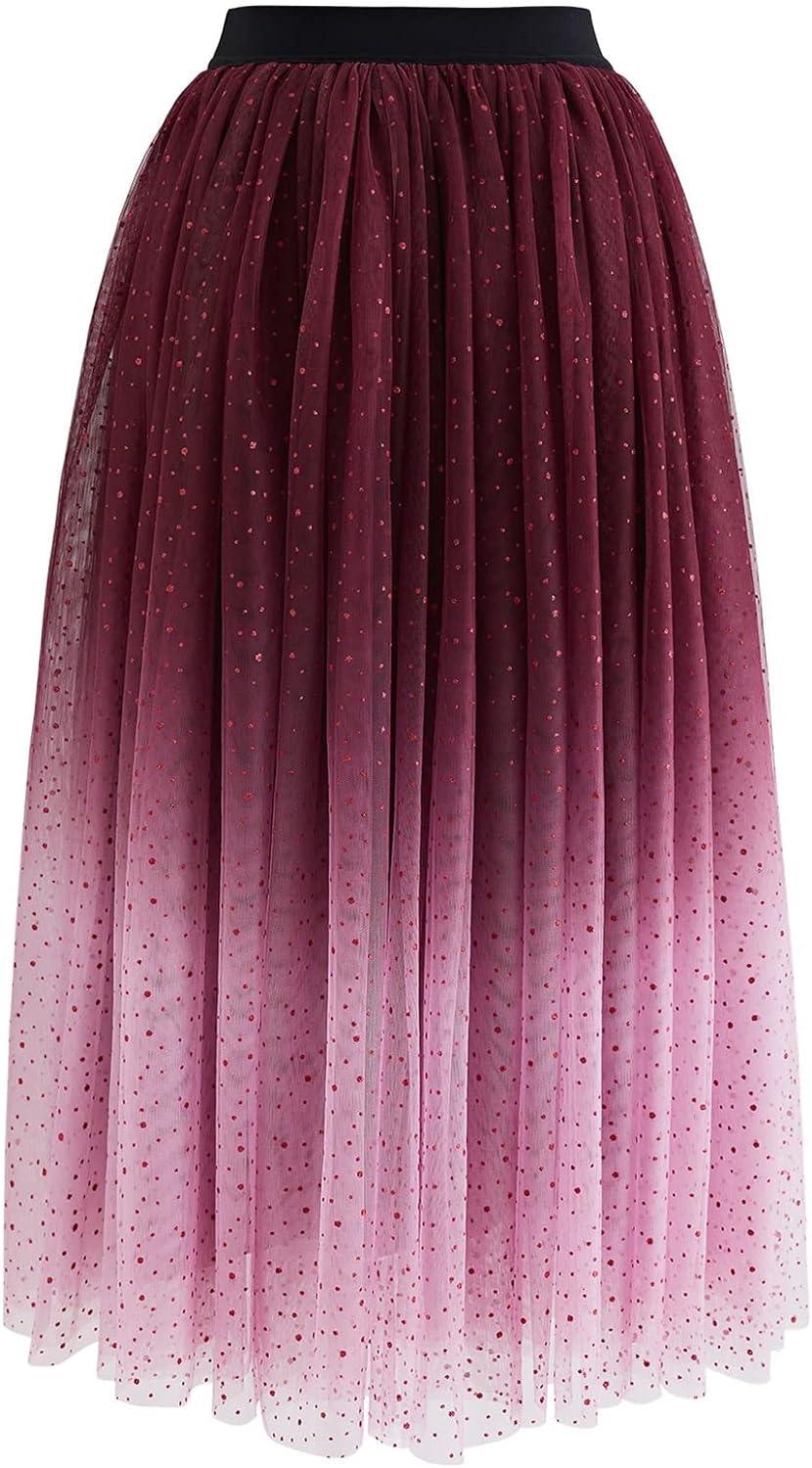 CHICWISH Women' Purple/Burgundy/Pink Festive Sparkle Ombre Tulle Midi Skirt