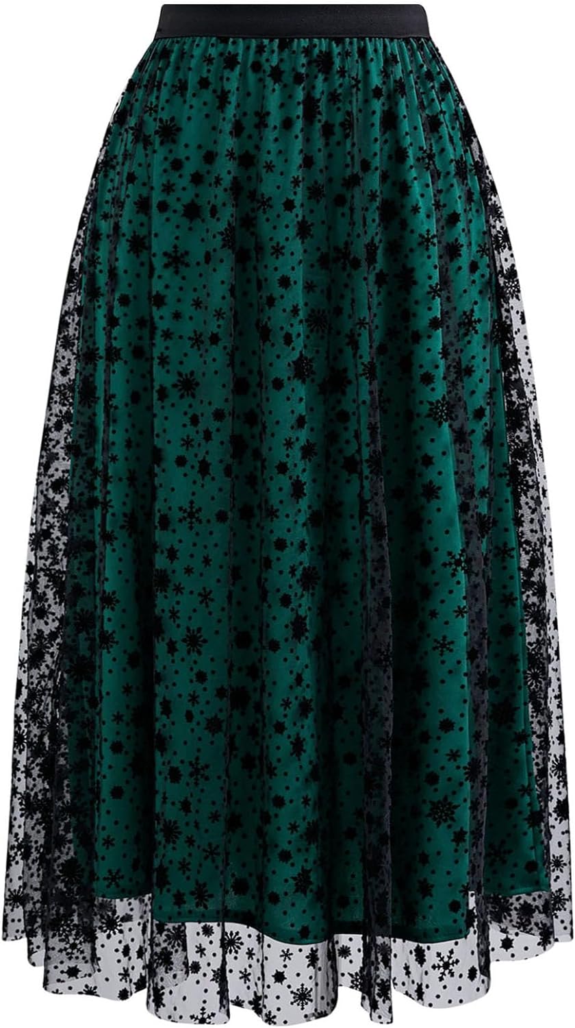 CHICWISH Tulle Skirts for Women Velvet Snowflake Mesh Fairy Skirt Elastic High Waist A-Line Layered Midi Skirt