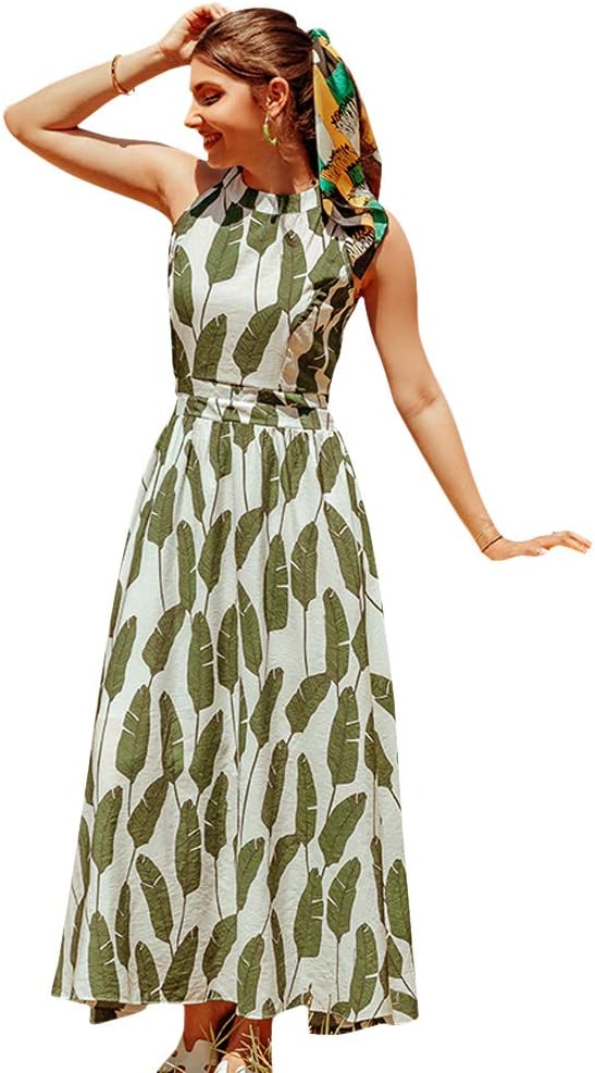 CHICWISH Women' Summer Palm Green Leaf/Pink Floral Print Halter Neck Sleeveless Party Maxi Dress