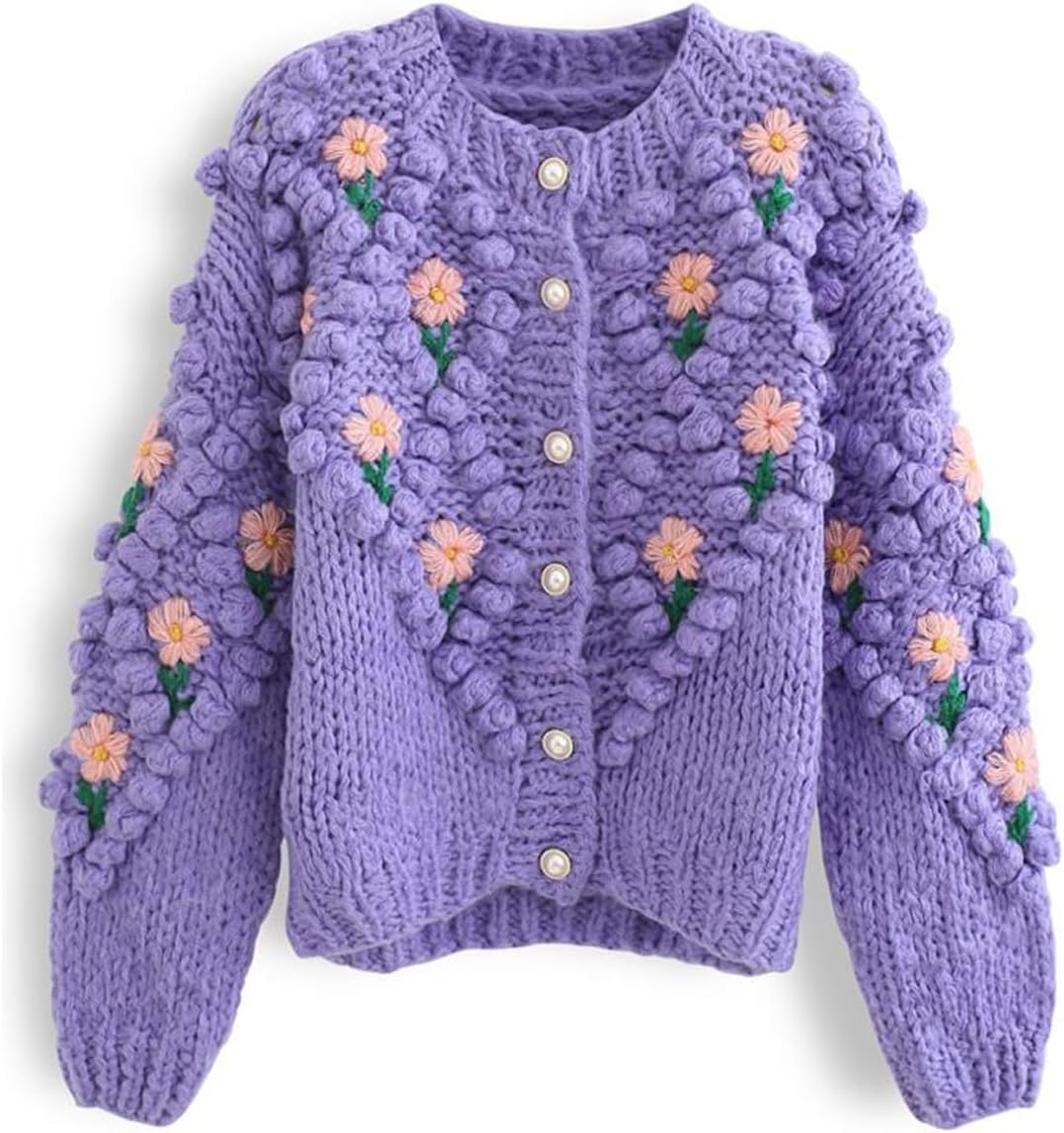 CHICWISH Women' Purple/Cream Stitch Floral Diamond Pom-Pom Hand Knit Cardigan