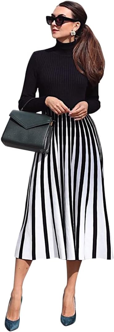 CHICWISH Women' Stripe Print Turtleneck Knit Midi Dress