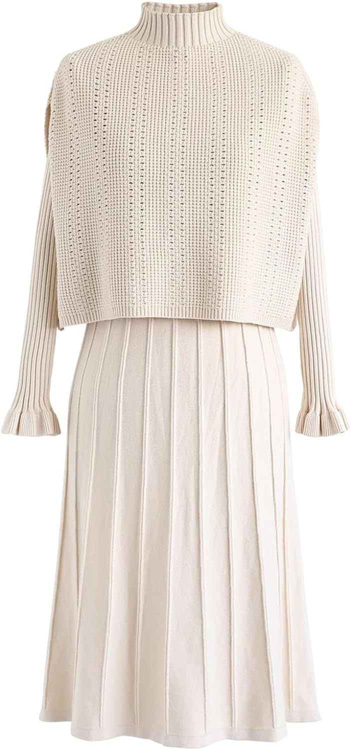 CHICWISH Women' Cream/Apricot/Black/Teal/Mint Mock Neck Pleated Knit Twinset Dress