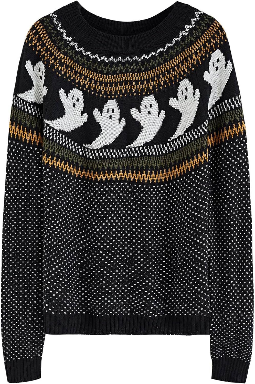 CHICWISH Women' Black/Army Green/Orange Cute Ghost Long Sleeves Halloween Knit Sweater Pullover