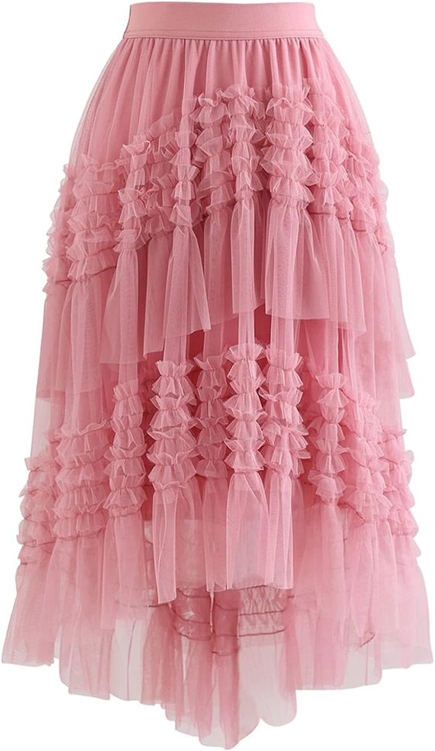 CHICWISH Women' Pink/Cream/Tan/Black Ruffle Tiered Hi-Lo Mesh Tulle Skirt