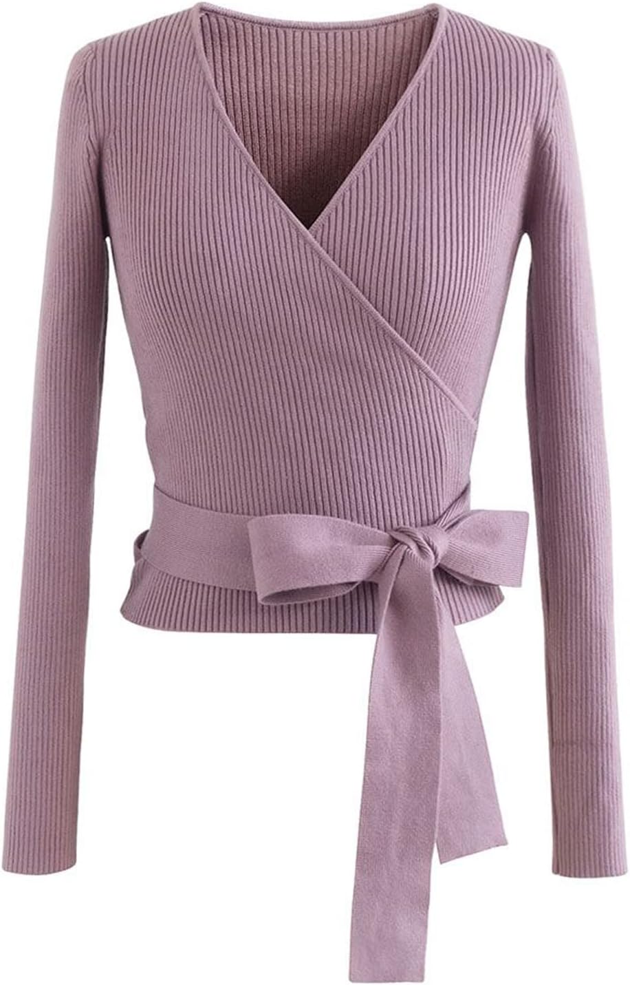 CHICWISH Women' Black/Lilac V-Neck Tie-Waist Bowknot Wrap Knit Top