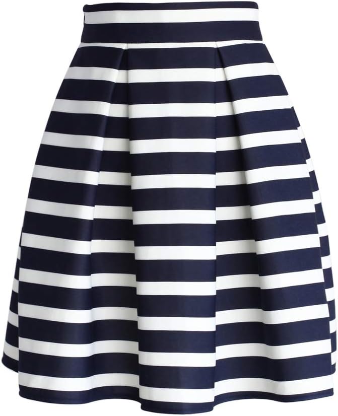 CHICWISH Women' Adorable Navy and White Stripe Pleated A-Line Midi Prom Party Skirt