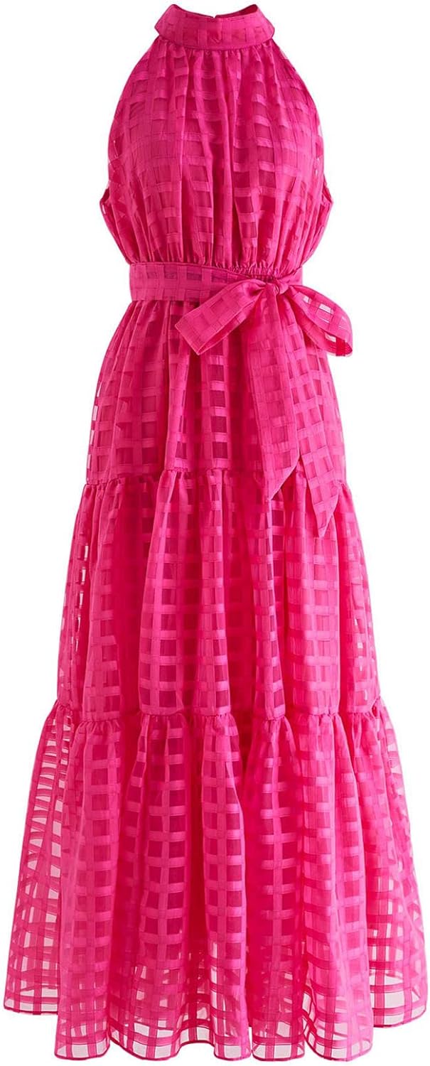 CHICWISH Women' Hot Pink/Blue Check Halter Neck Tie Waist Maxi Dress